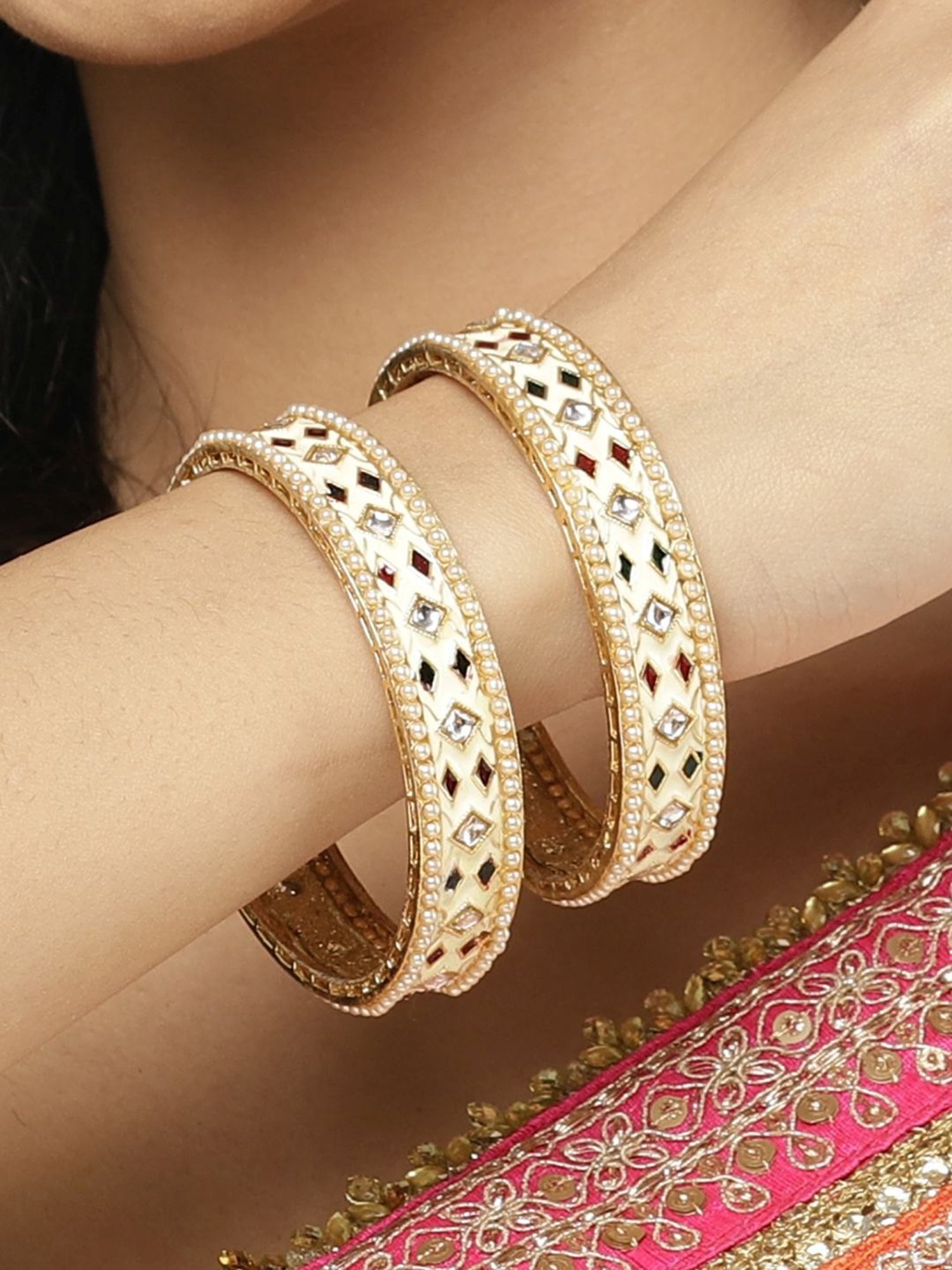 Karatcart Gold-Plated White Meena Bangles Women - Set of 2
