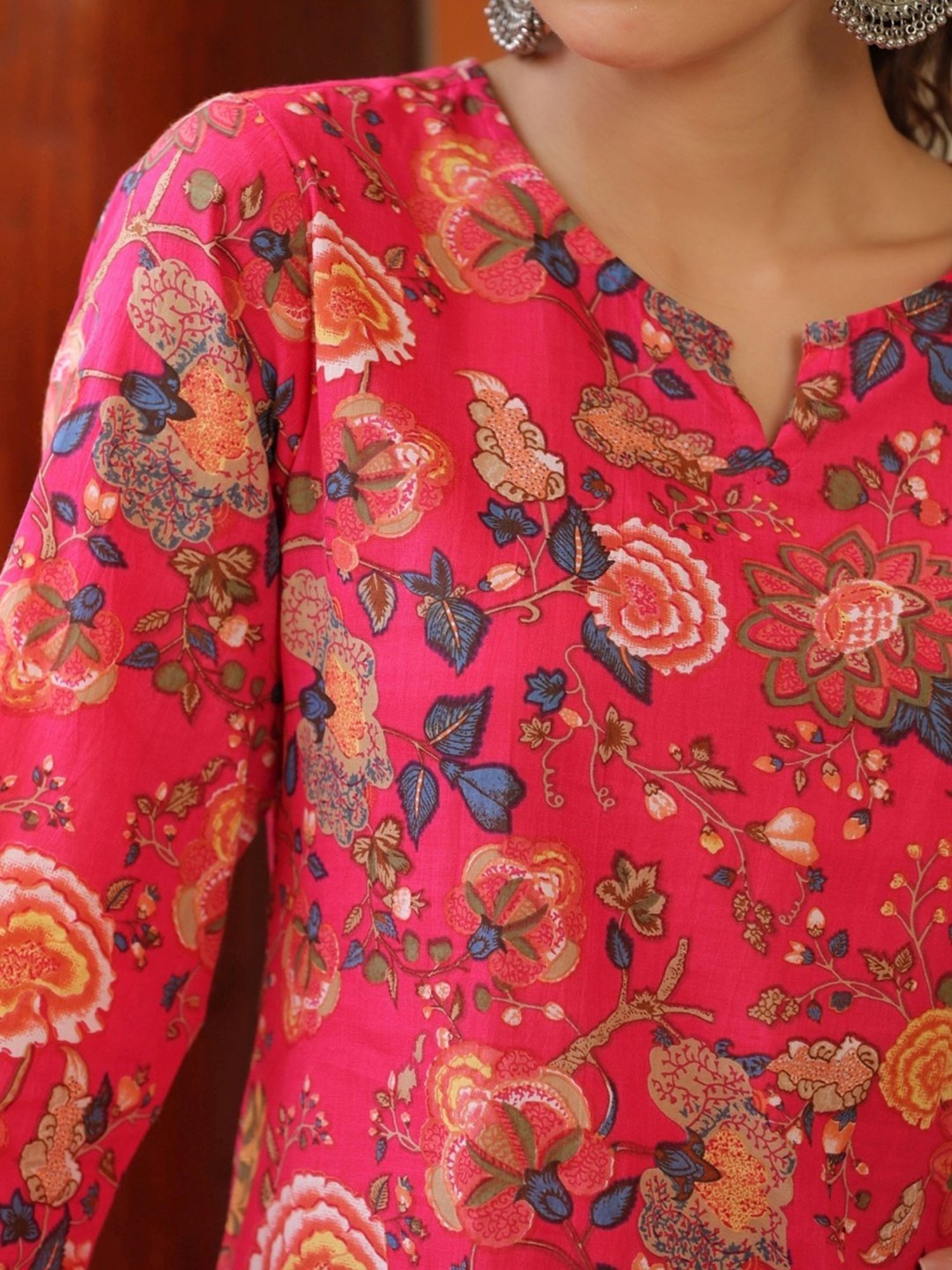 Rain and Rainbow Fuchsia Pink Cotton Floral Print Kurta Pant Set