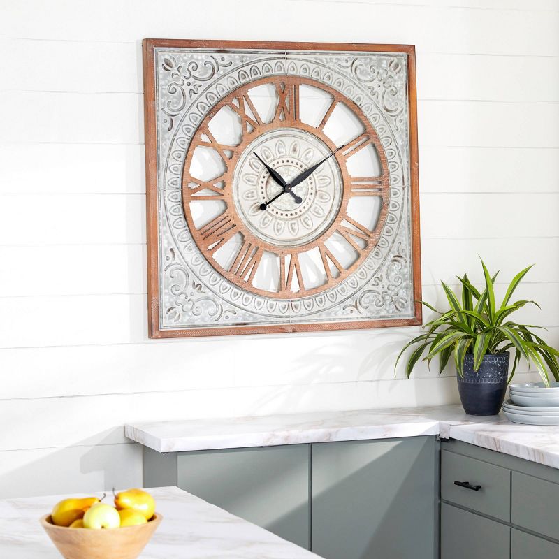 36" x 36" Extra Large Square Metal Textured Pattern Wall Clock with Wood Carved Center and Frame - Olivia & May