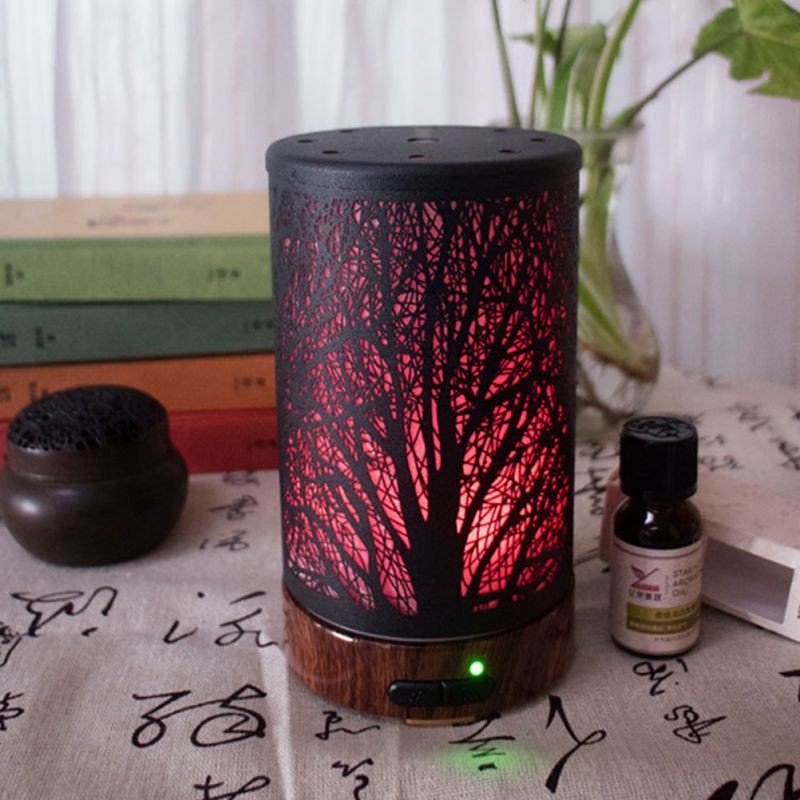 100ml Small Air Humidifier Night Light Aromatherapy Aroma Diffuser Oil Diffuser Trees Iron Art Air Diffuser Purifier Mist Maker for Home Office Yoga (US Plug)