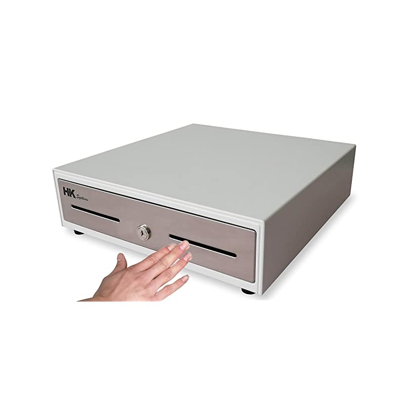 13" Heavy Duty Compact White Manual Push Open Cash Drawer with 4 Bill /5 Coin Till Stainless Steel Front