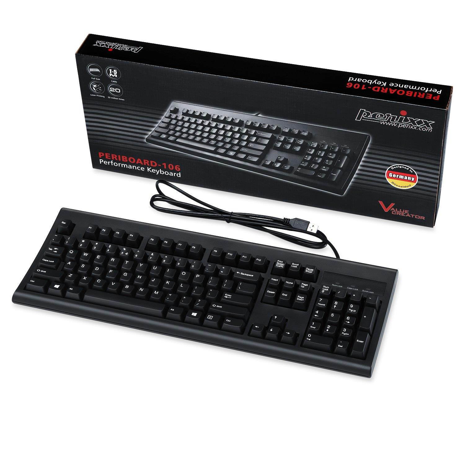 Perixx PERIBOARD-106 US B, Performance wired keyboard - 20 Million Key Press Life - Full Size 17.9"x6.6"x1.7" - Black