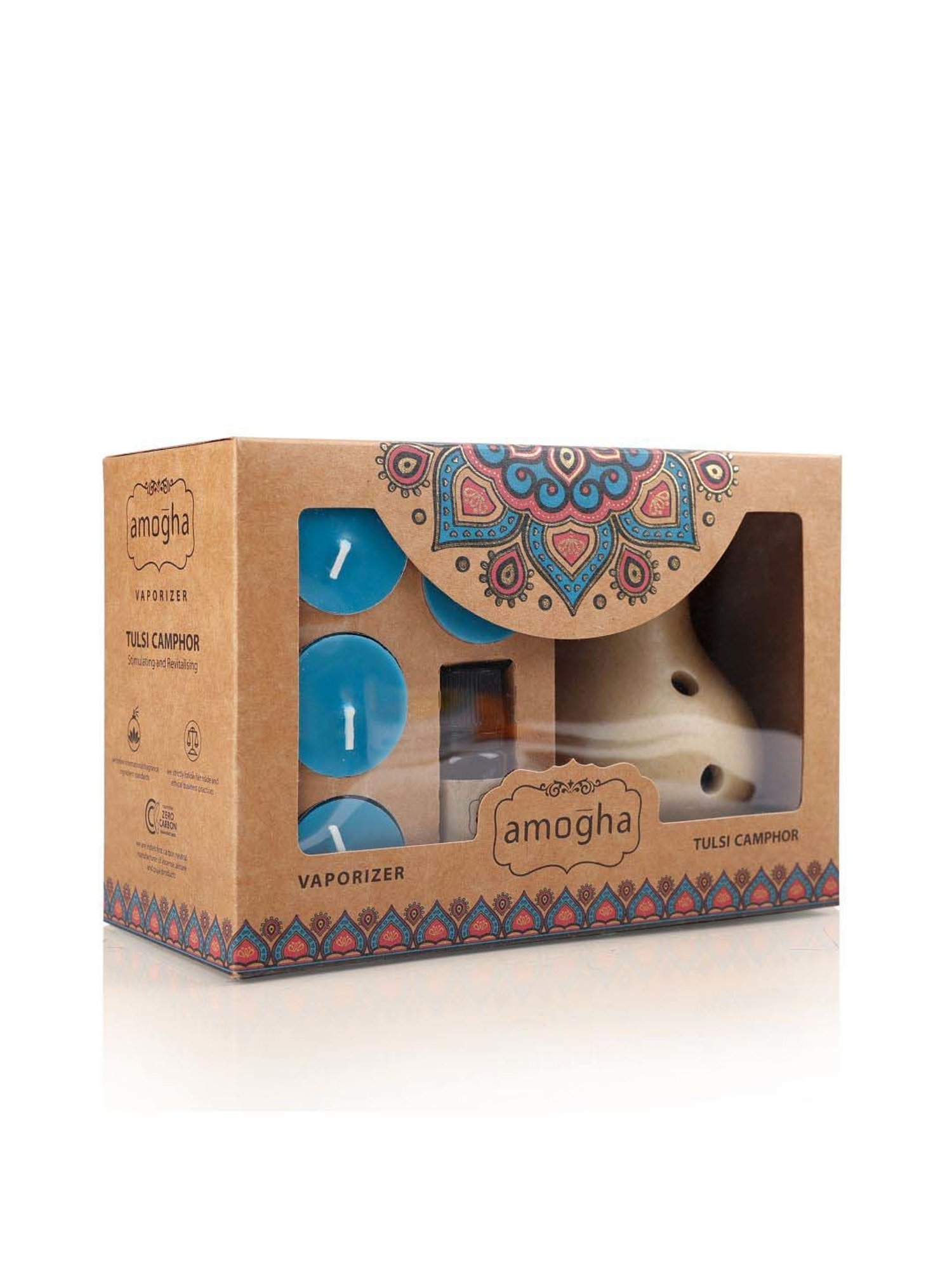 IRIS Ceramic Amogha Tulsi Camphor Fragrance Vaporizer With 4 Tealights And 10Ml Oil