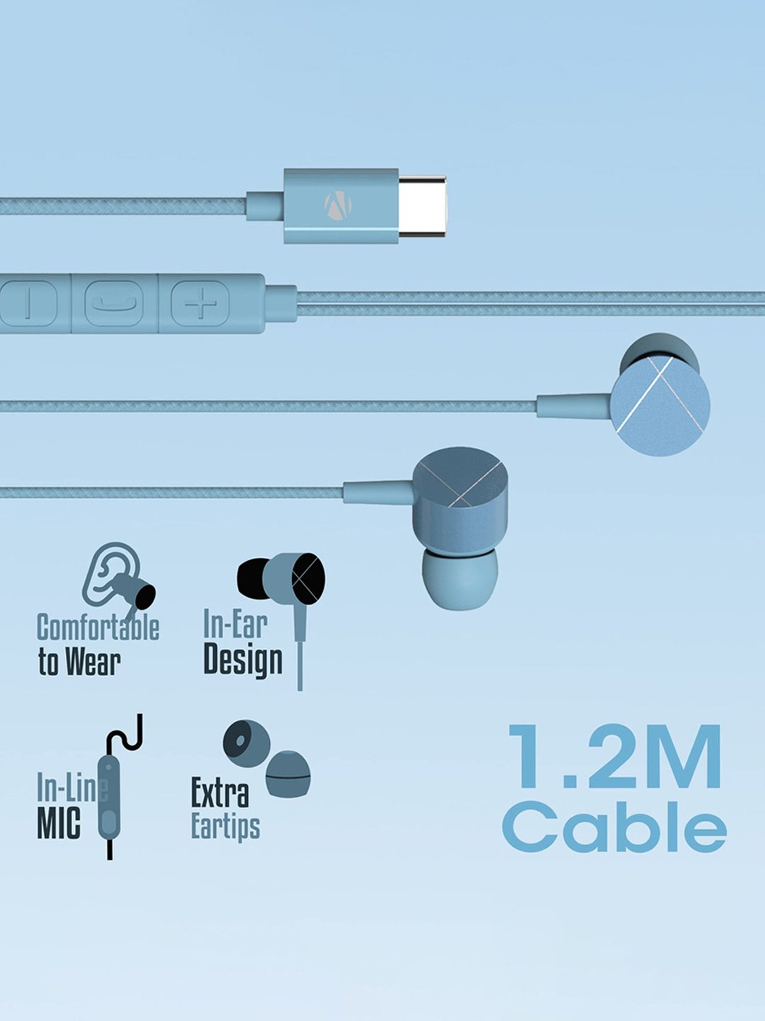 Zebronics Zeb-Buds C2 in Ear Type C Wired Earphones with Mic, Braided 1.2 Metre Cable (Blue)