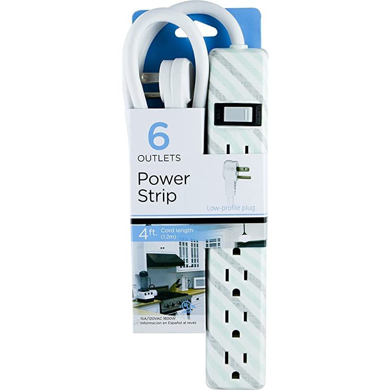 Outlet Power Strip 4 Ft Power Cord Flat Plug Wall Mount For Bedroom Dorm or Home Decor Power Switch Integrated Circuit Breaker UL Listed White Gray Mint Stripes 31040