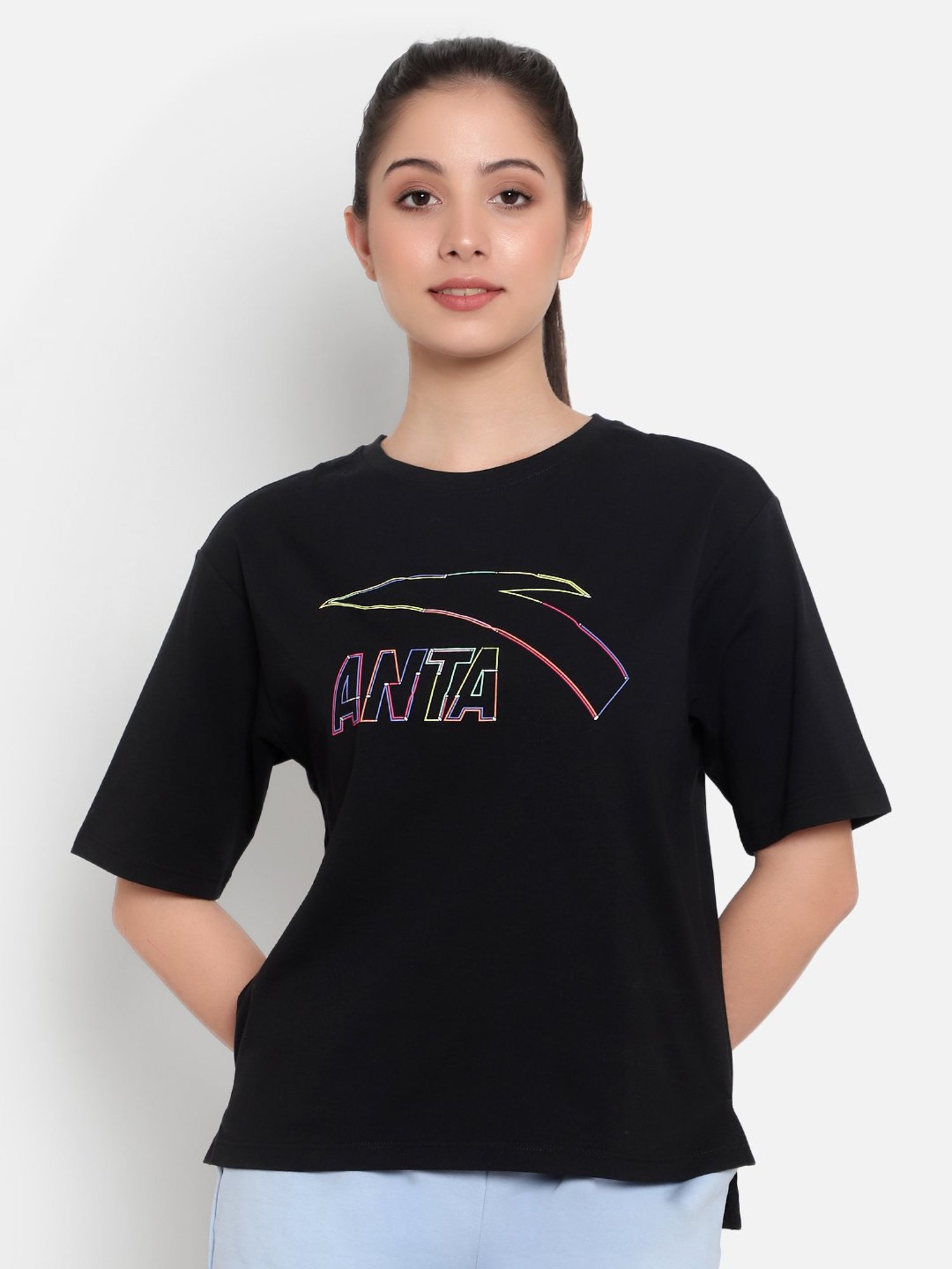 Anta Black Cotton Printed Sports T-Shirt
