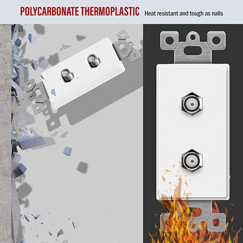 Duplex F-Type Coaxial Connector Wall Jack (Female to Female) Molded-in Voice and Audio/Video, 6506-W, White