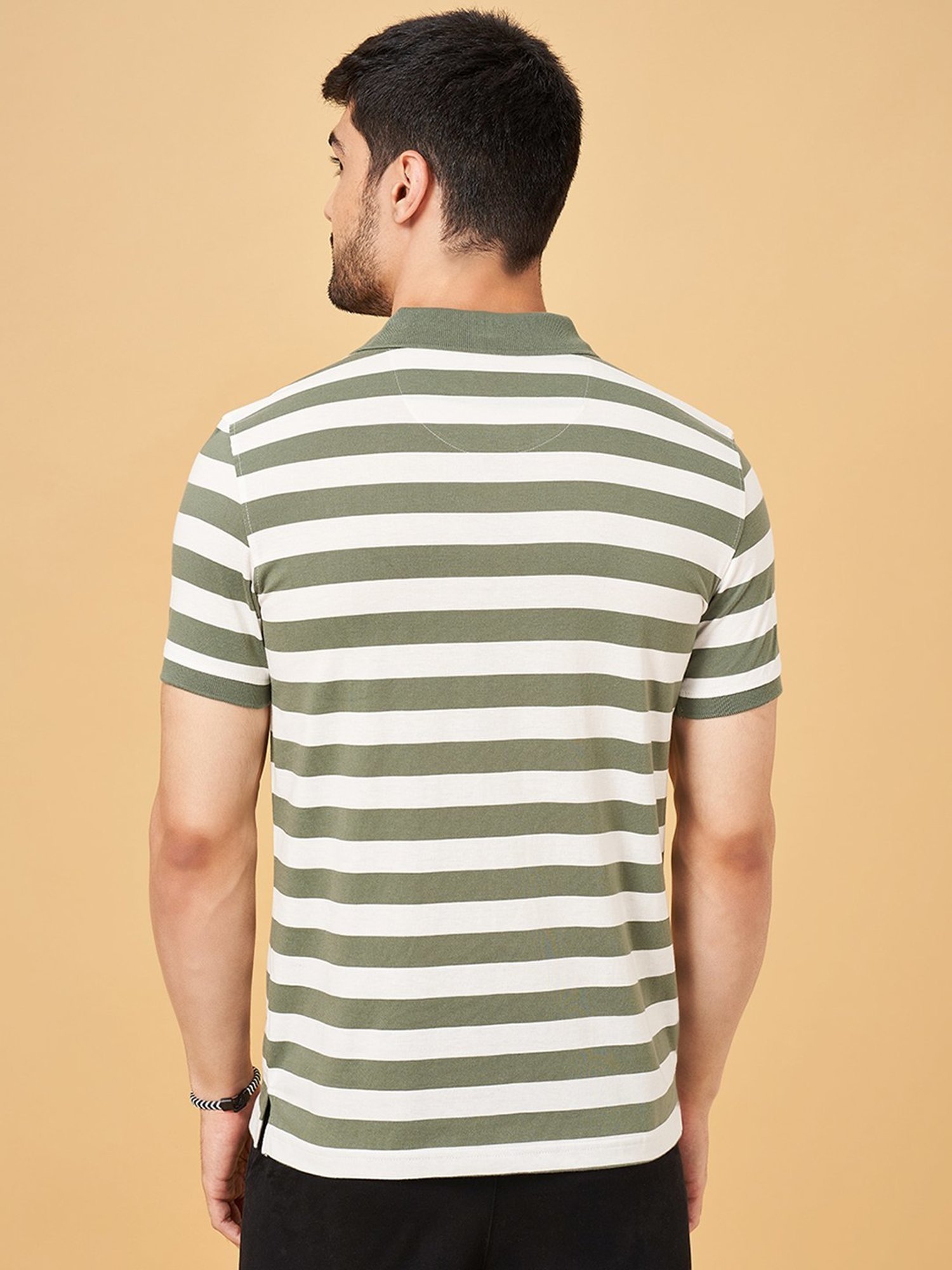 Byford By Pantaloons Olive Slim Fit Striped Polo T-Shirt