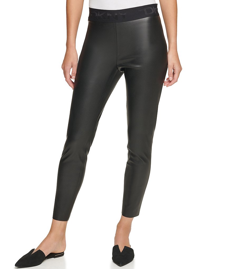 DKNY Faux Leather Contrast Logo Waist Pull-On Leggings