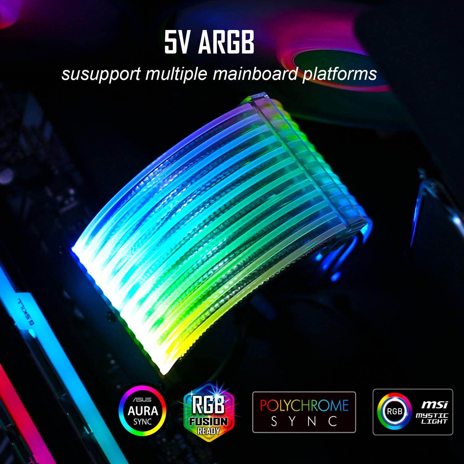 UKCOCO Power Supply Sleeved Cable, 24 Pin ATX ARGB Cable Extension Kit 16AWG, 5V 3Pin Synchronized PSU Cable for RGB Software from All Major Motherboard Cable Management