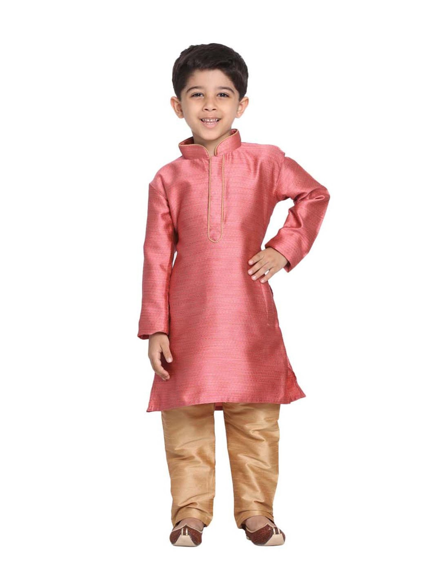 VASTRAMAY Kids Bubble Gum Pink & Rose Gold Self Pattern Kurta Set
