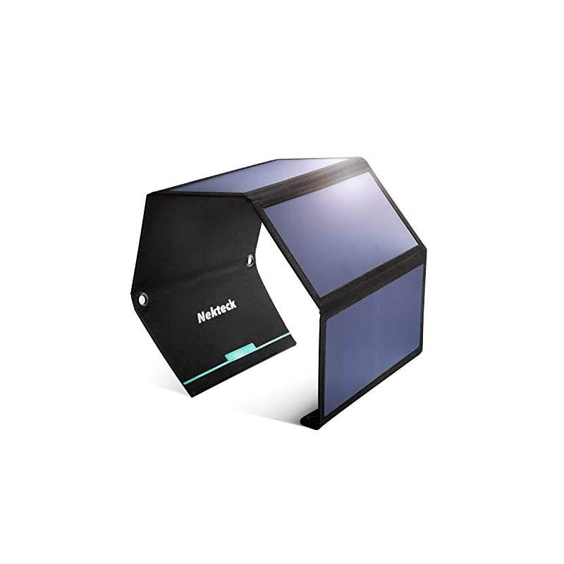 28W Foldable Portable Solar Charger with 2 USB Port, IPX4 Waterproof Hiking Camping Gear Sunpowered Charger Compatible with iPhone 12/11/11pro/Xs, iPad, MacBook, Samsung Galaxy, Camera etc.