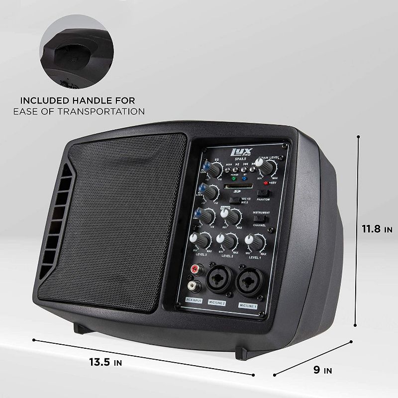 LyxPro SPA-5.5 Small PA Speaker Monitor Class-D Amplifier 3 Channel Mixer 3 Band EQ, Powerful Compact Active Speaker System amp with mixer 48V Phantom Power