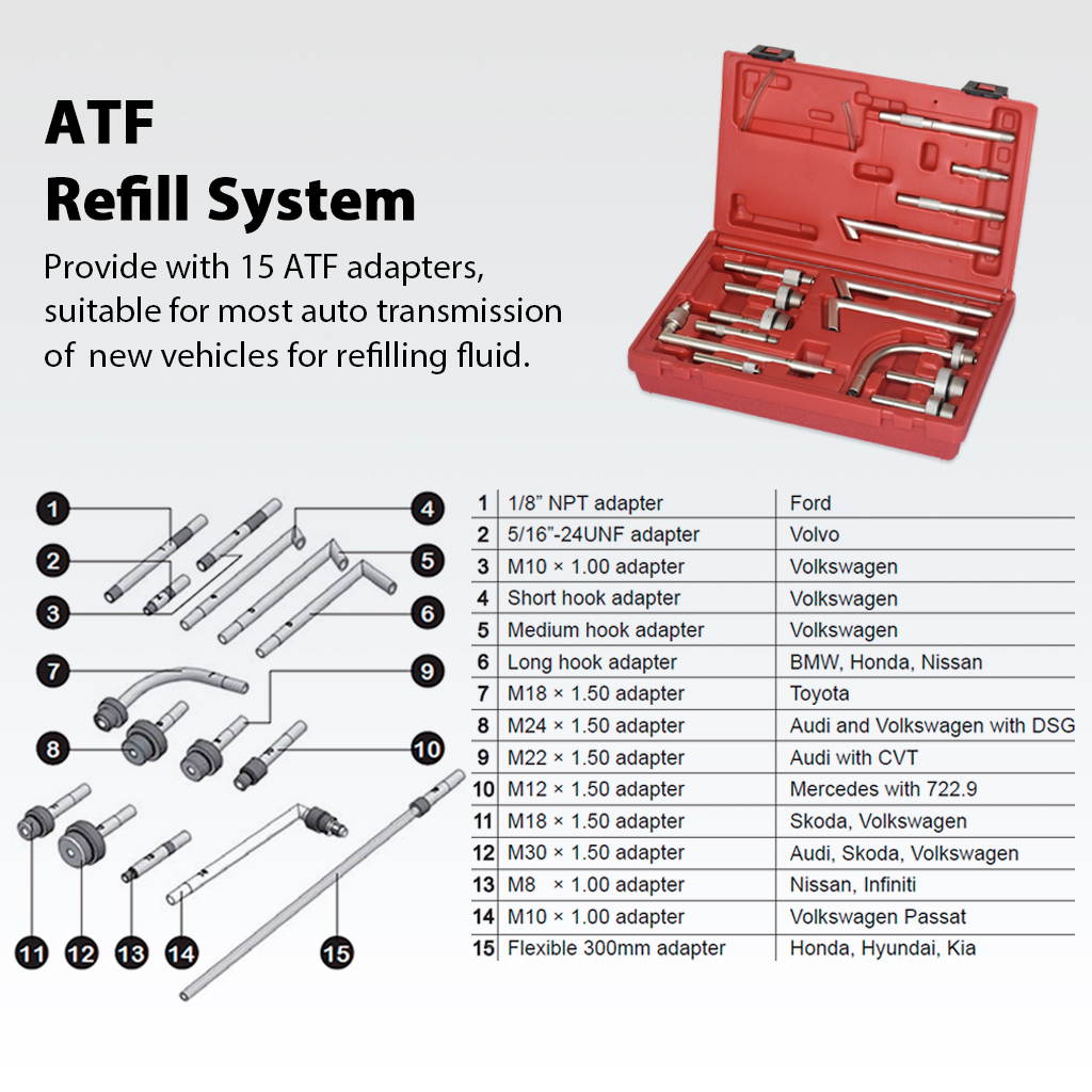 FIRSTINFO 12.5L Pneumatic/Manual ATF Refill System Dispenser Automatic Transmission Fluid Oil Pump with 15-Piece OE Style Transmission Filling Adapters Packed in Storage Case