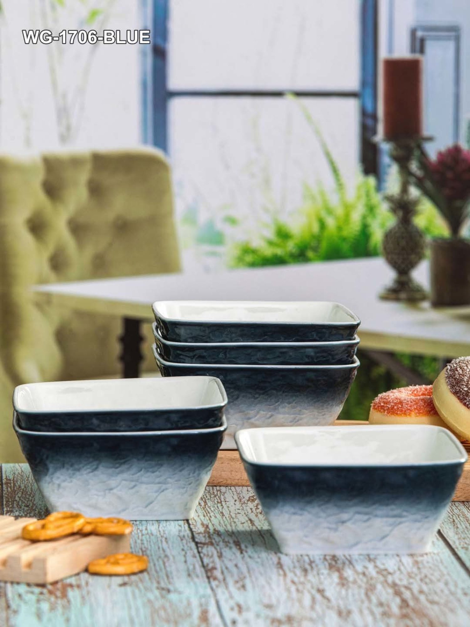 White Gold White & Blue Porcelain Bowl - Set of 6