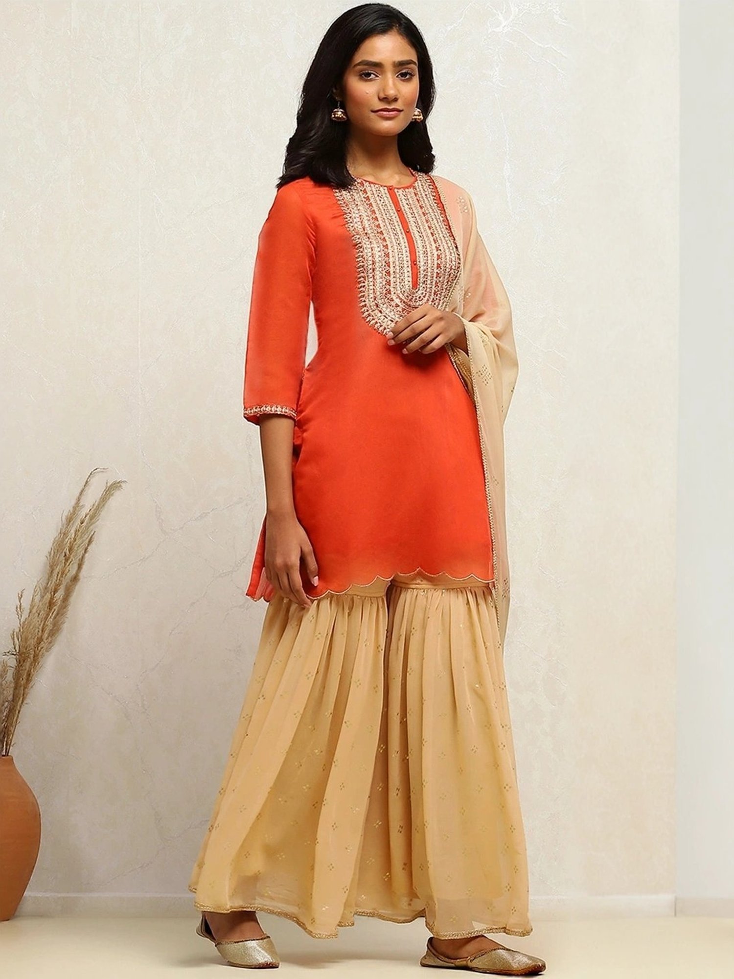 Biba Orange & Beige Embroidered Kurti Sharara Set With Dupatta