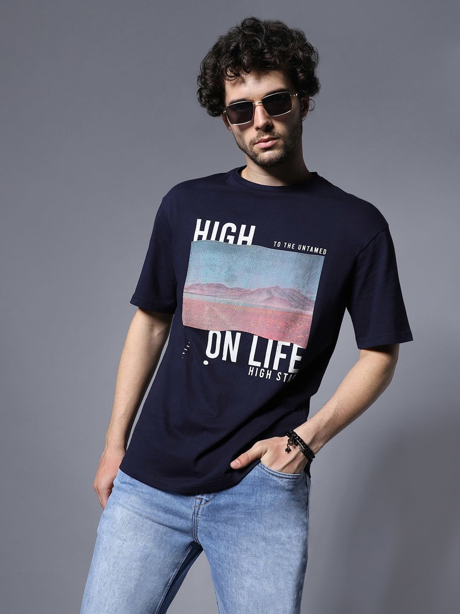 High Star Navy Relaxed Fit Graphic Print T-Shirt