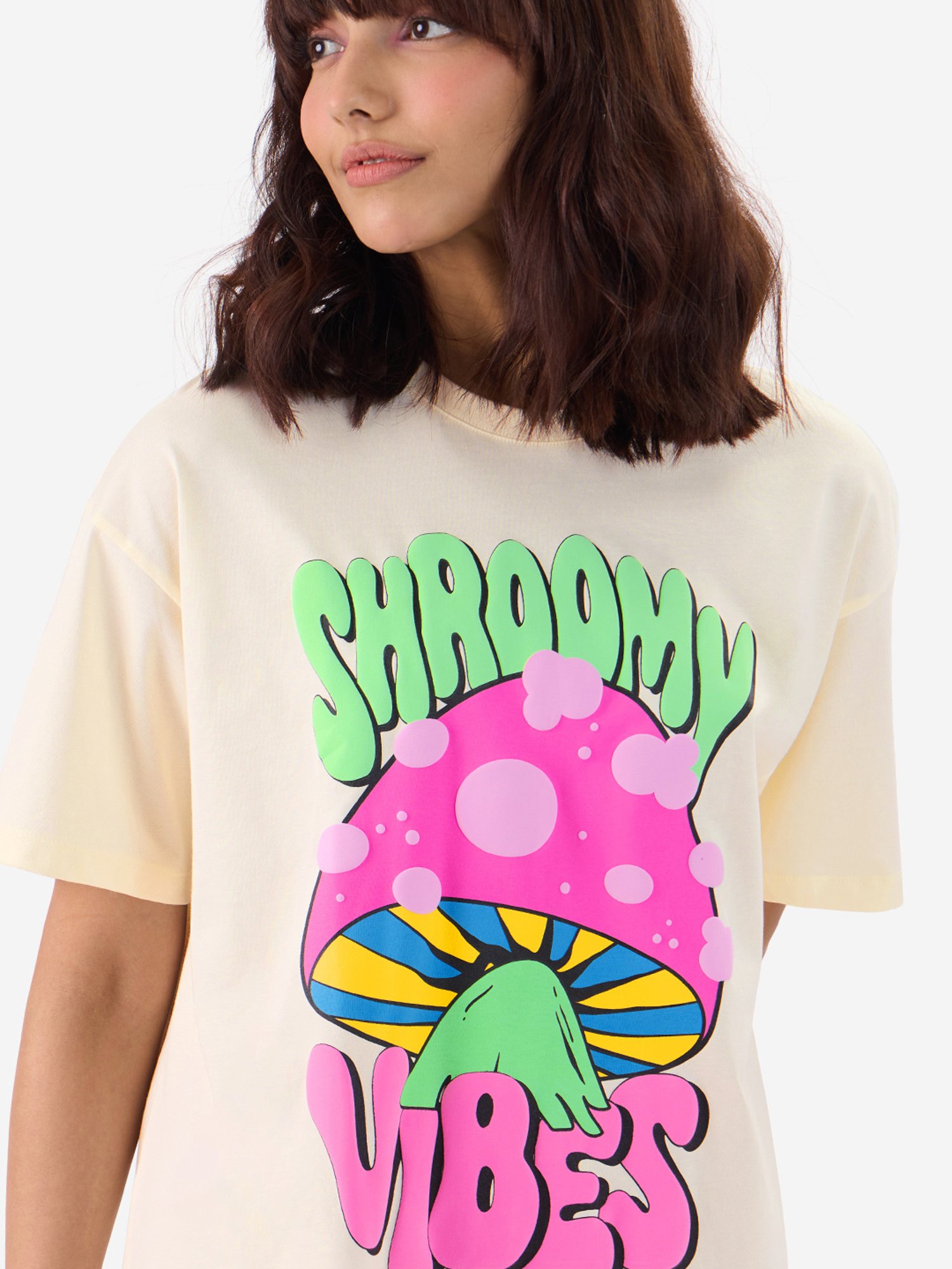 The Souled Store Off White Cotton Graphic Print Oversized T-Shirt