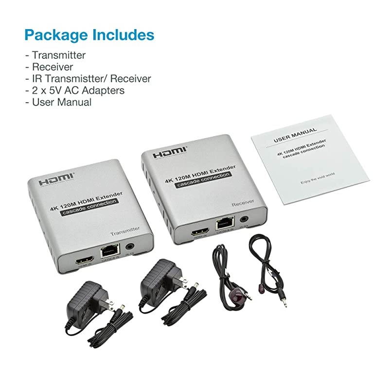 4K 400ft HDMI Extender Over Cat5e Cat6 Cat7 Ethernet Cable with LoopOut IR Control Cascading