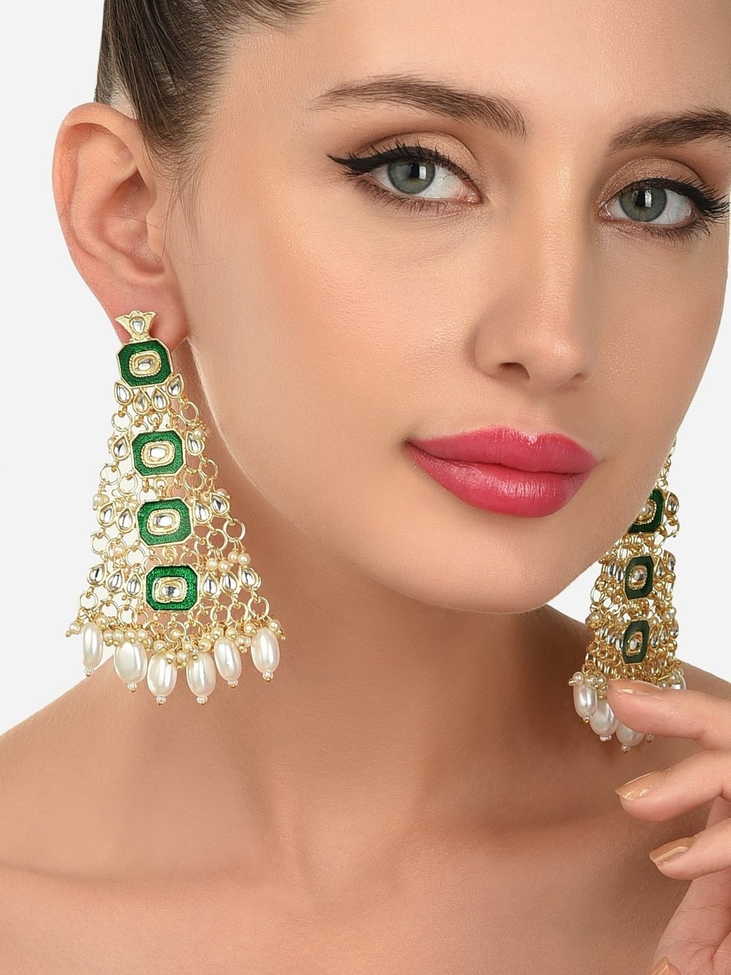 Zaveri Pearls Green Meenakari Ethnic Kundan Dangler Earrings - ZPFK11427