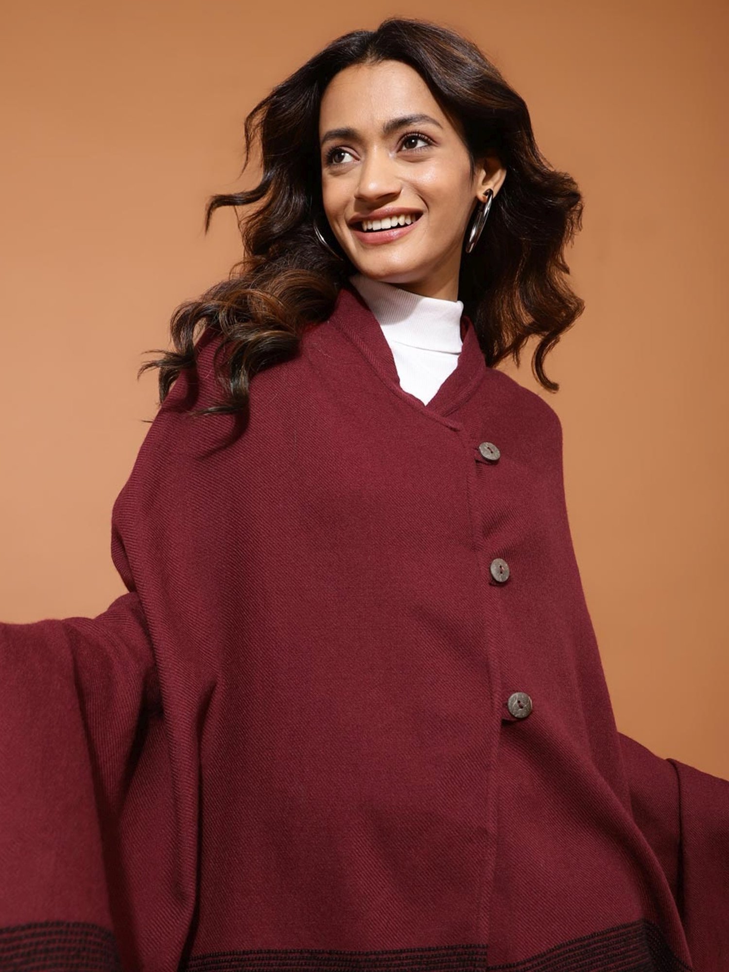 Fabindia Maroon Self Pattern Poncho