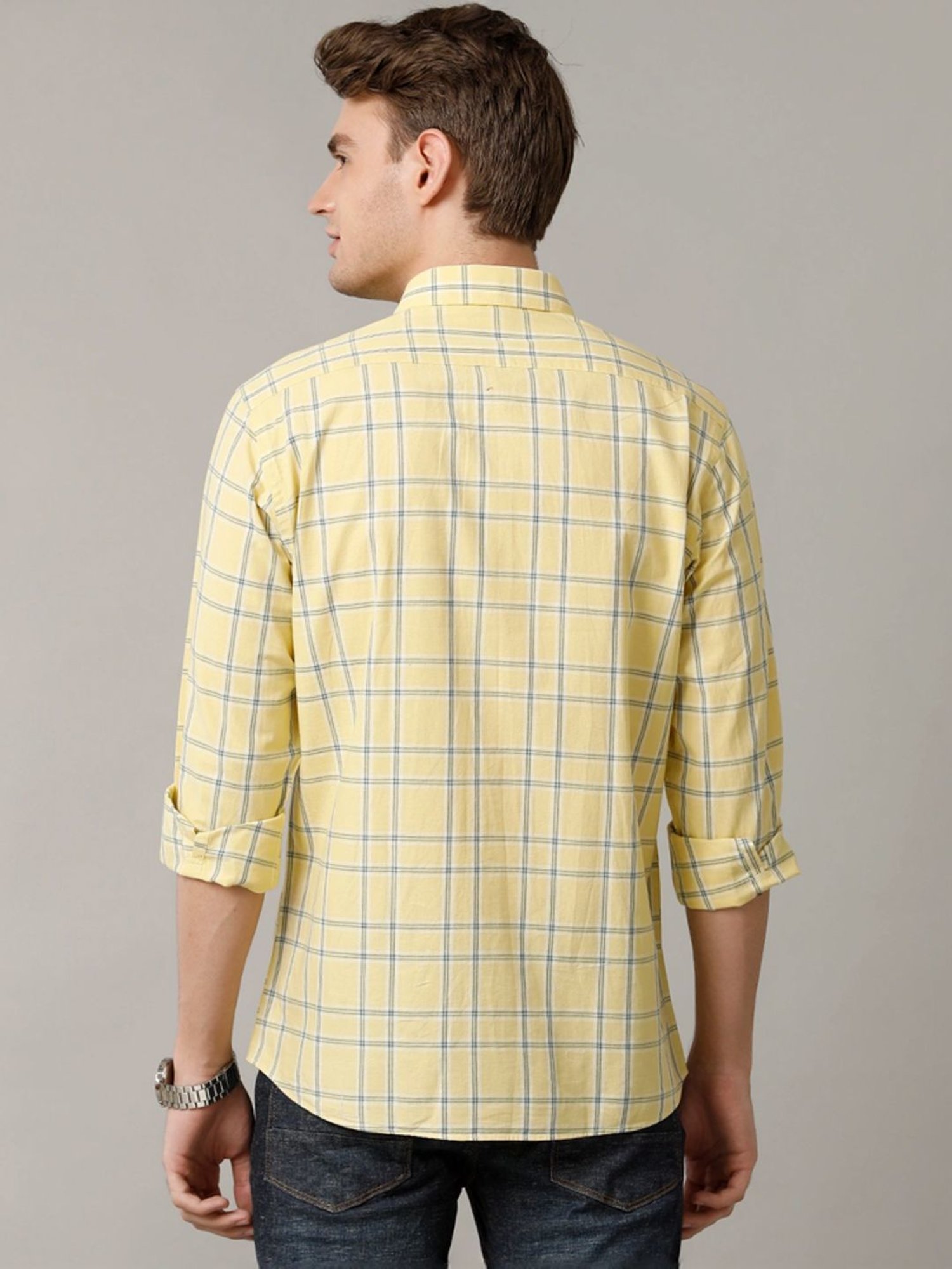Cavallo By Linen Club Yellow Linen Contemporary Fit Checks Shirt