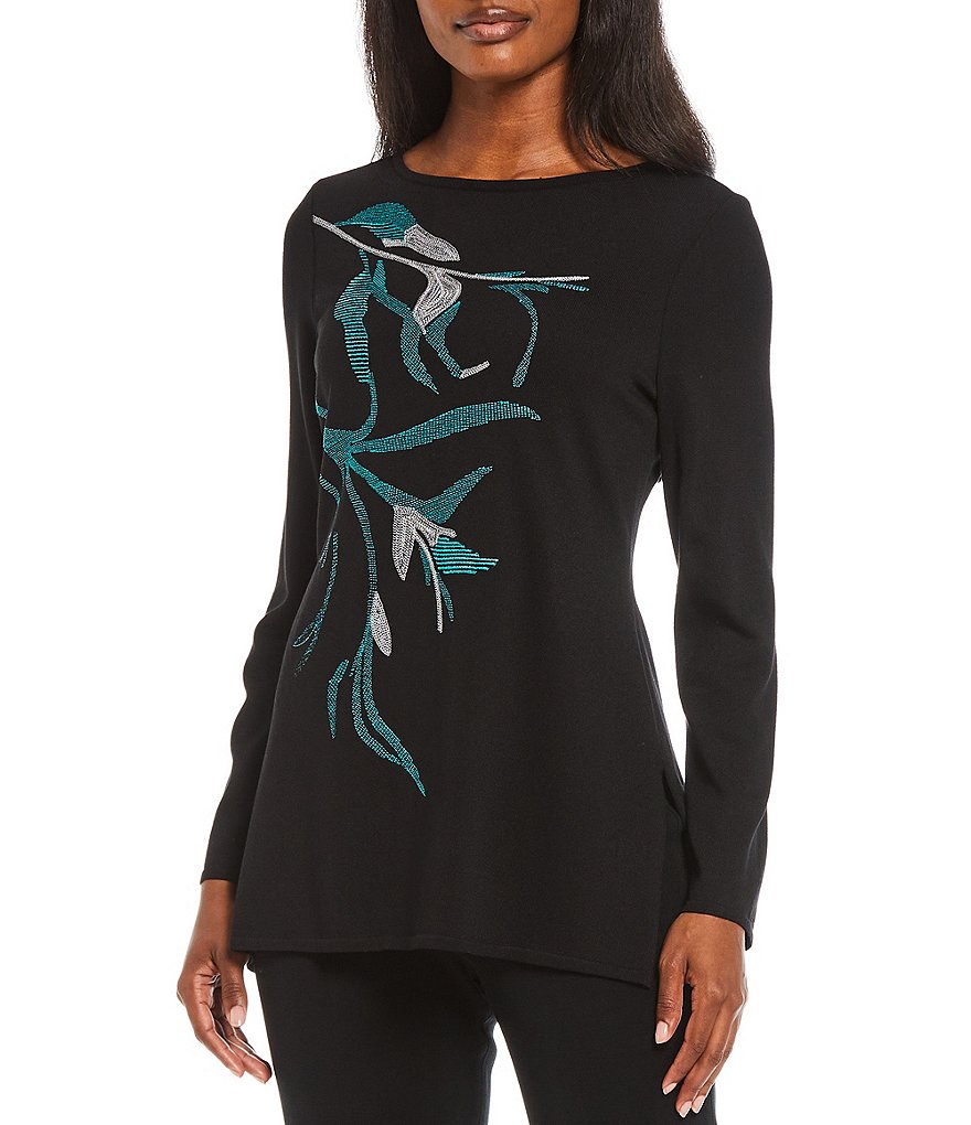 Ming Wang Floral Embroidery Long Sleeve Boat Neck Knit Tunic