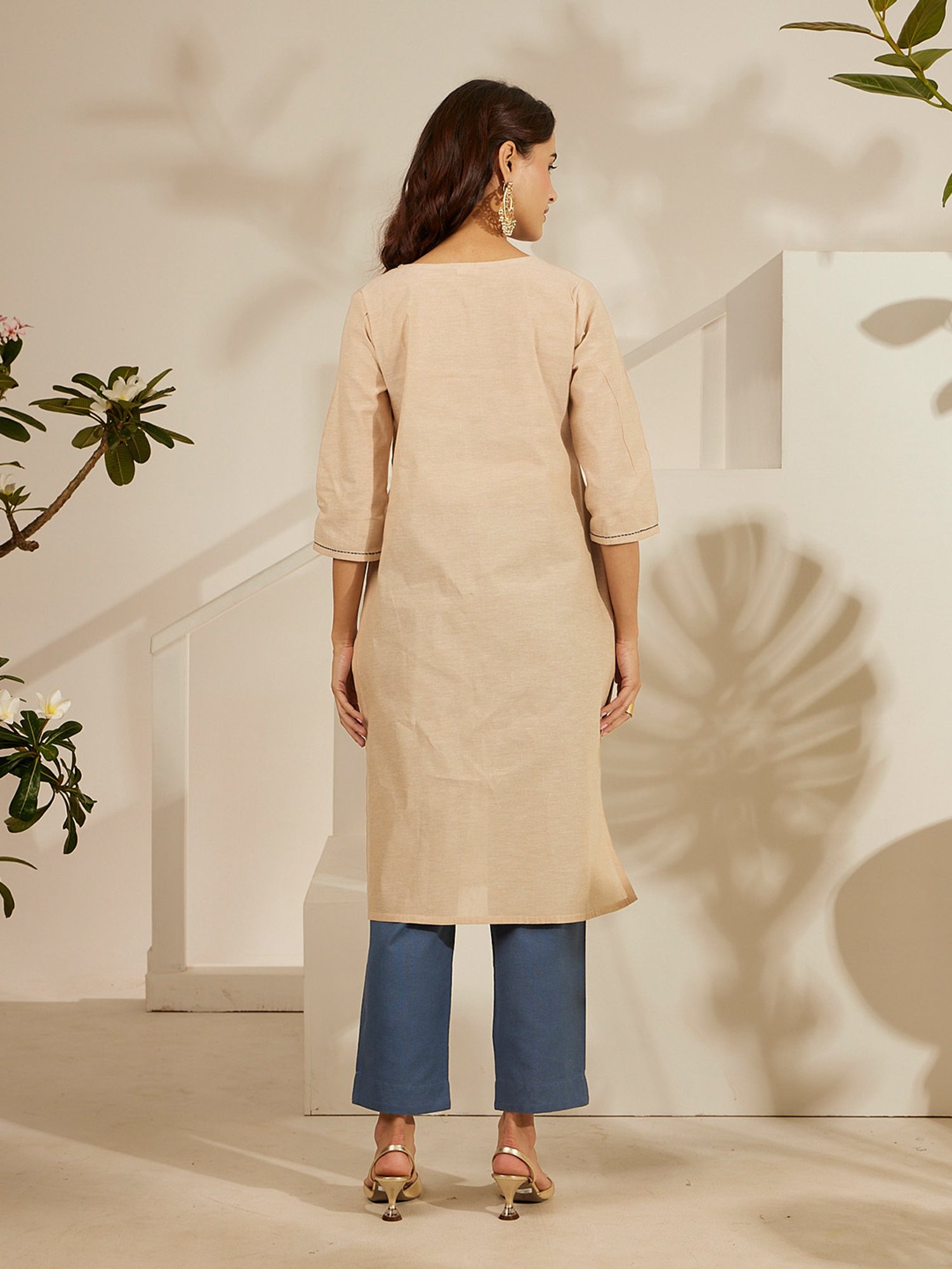 Daali Beige Mangalgiri Round Neck 3/4 Sleeves Smart Formals Kurta with Two Pockets