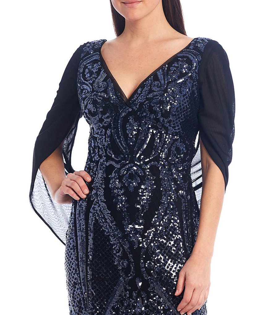 R & M Richards Drape Back Beaded Stretch Mesh Gown