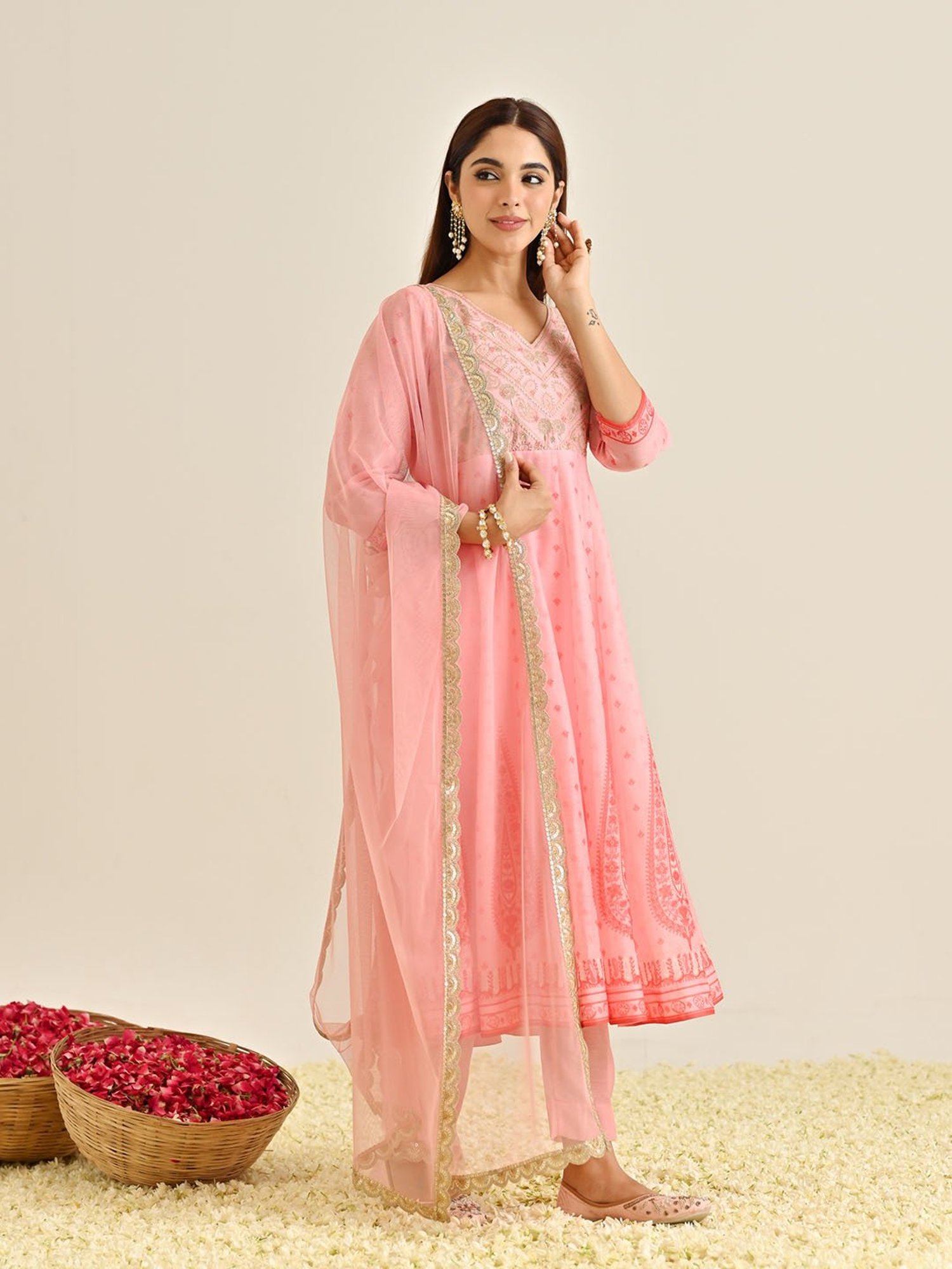 Rustorange Pink Embroidered Kurta With Pant & Dupatta