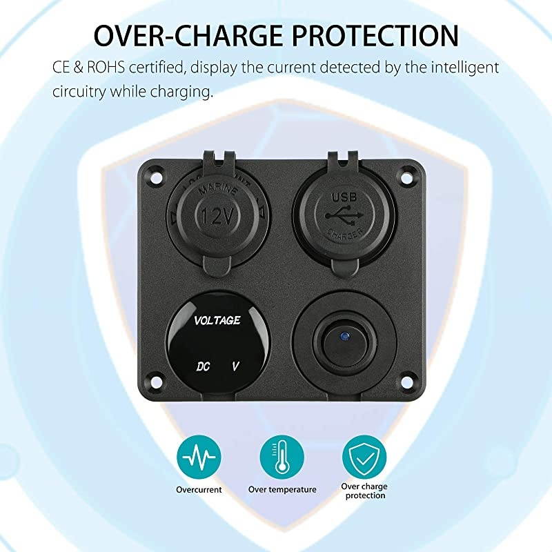 4 in 1 Charger Socket Panel 12V 42A Dual USB Charger Socket Power Outlet LED Voltmeter Cigarette Lighter Socket LED Lighted ON Off Rocker Toggle Switch for Car Marine Boat RV Truck