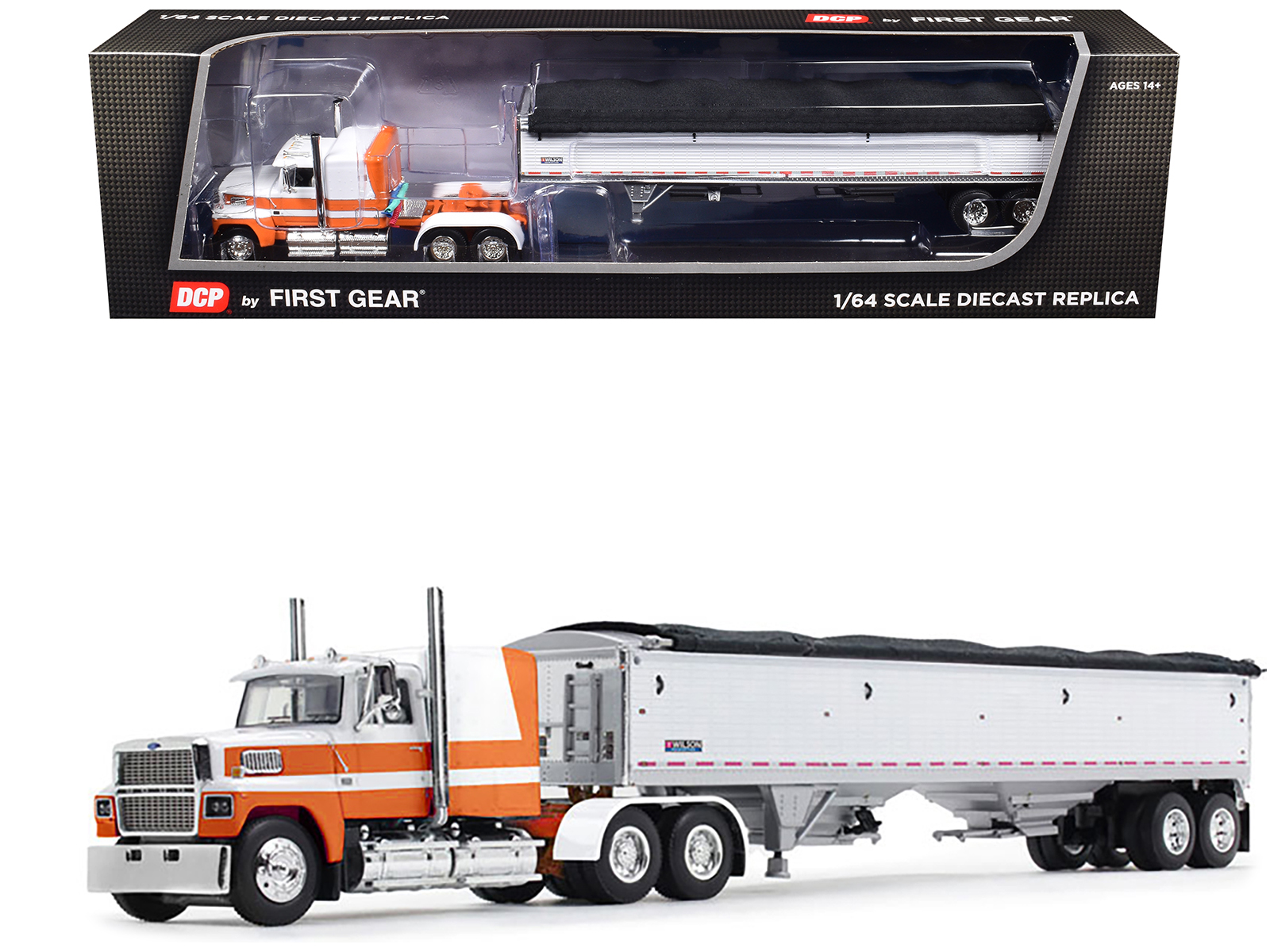 Ford LTL 9000 60" Aerodyne Sleeper with Wilson Pacesetter Grain Trailer Orange and White 1/64 Diecast Model by DCP/First Gear