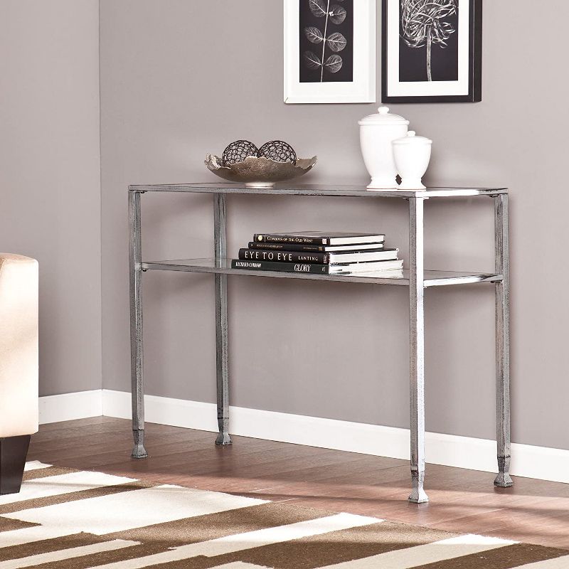 SEI Furniture Jaymes Distressed 2 Tier Media Console Accent Table with Glass Shelf and Slim Contemporary Rectangular Brushed Finish, Silver (Metal)
