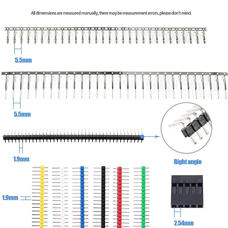 1191Pcs 254mm Pitch 1 2 3 4 5 6 7 8 9 10 Pin Housing Connector and Male Female Crimp Pins with Pin Header and 10 Wire Rainbow Color Flat Ribbon IDC Cable Compatible with Dupont Connector Kit