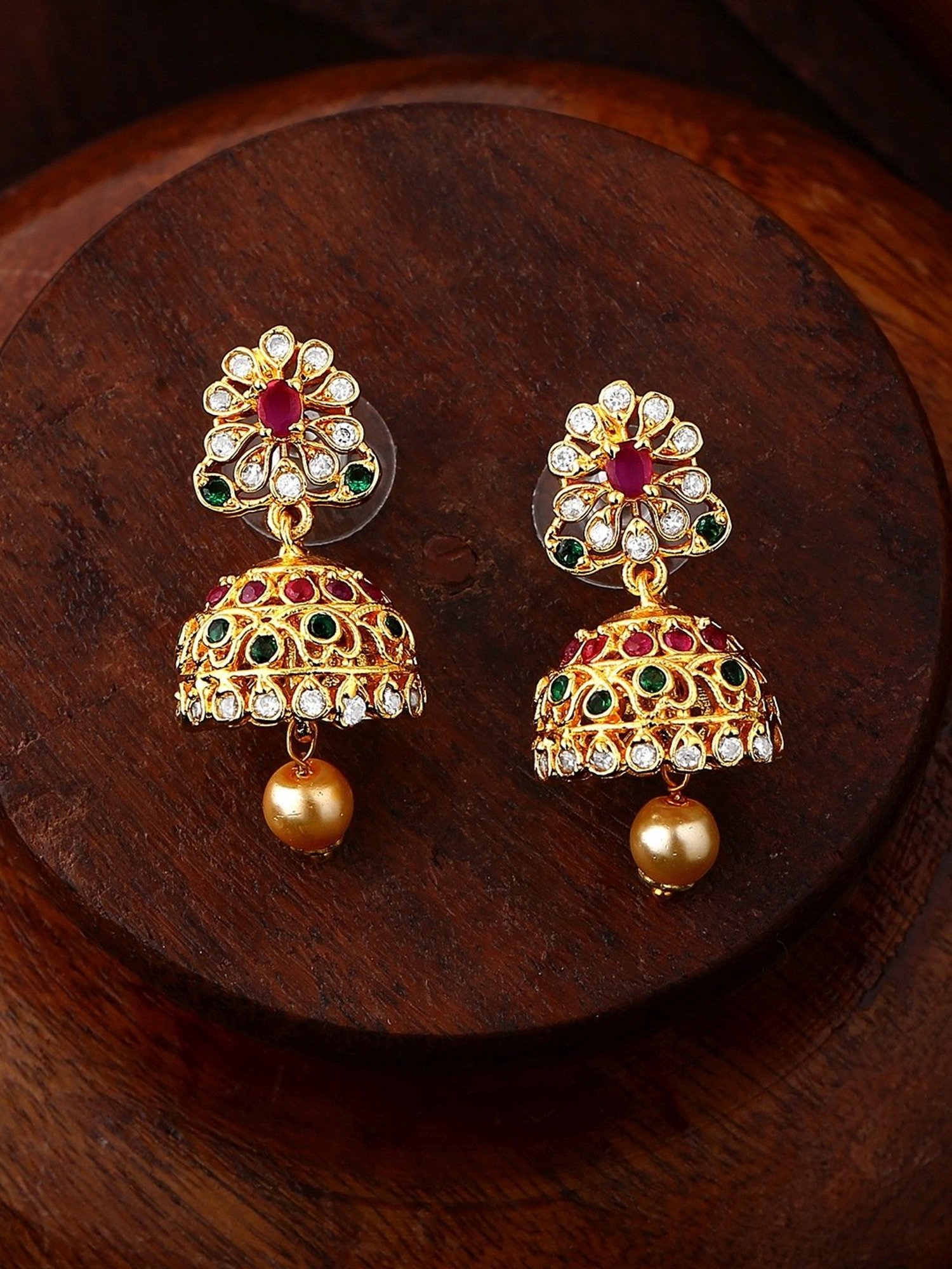 Estele Gold-Plated CZ Intricate Jhumki Earrings with Pearl & Multi Crystal for Women