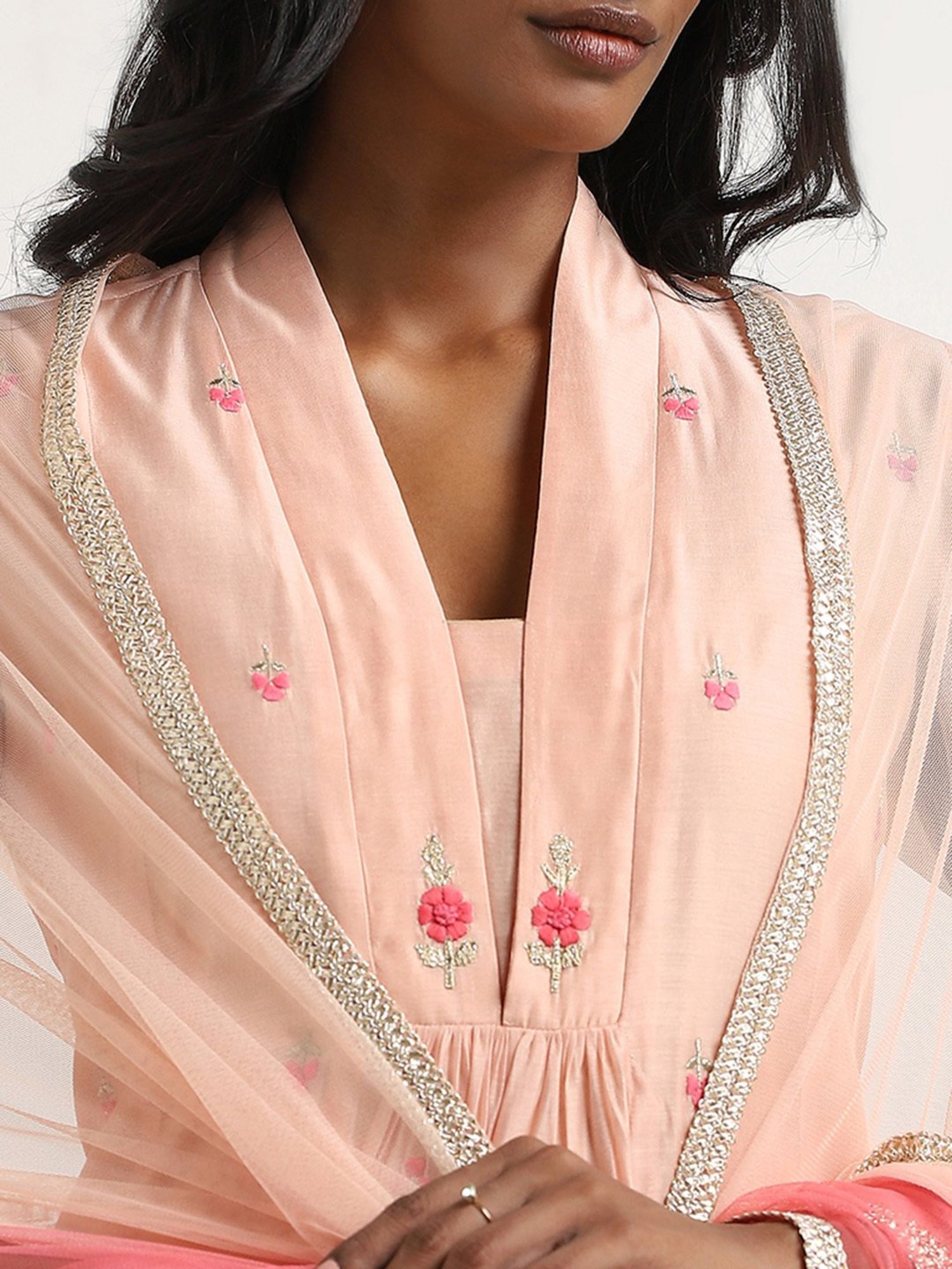 Vark by Westside Peach Floral Embroidered Kurta, Palazzos & Dupatta Set