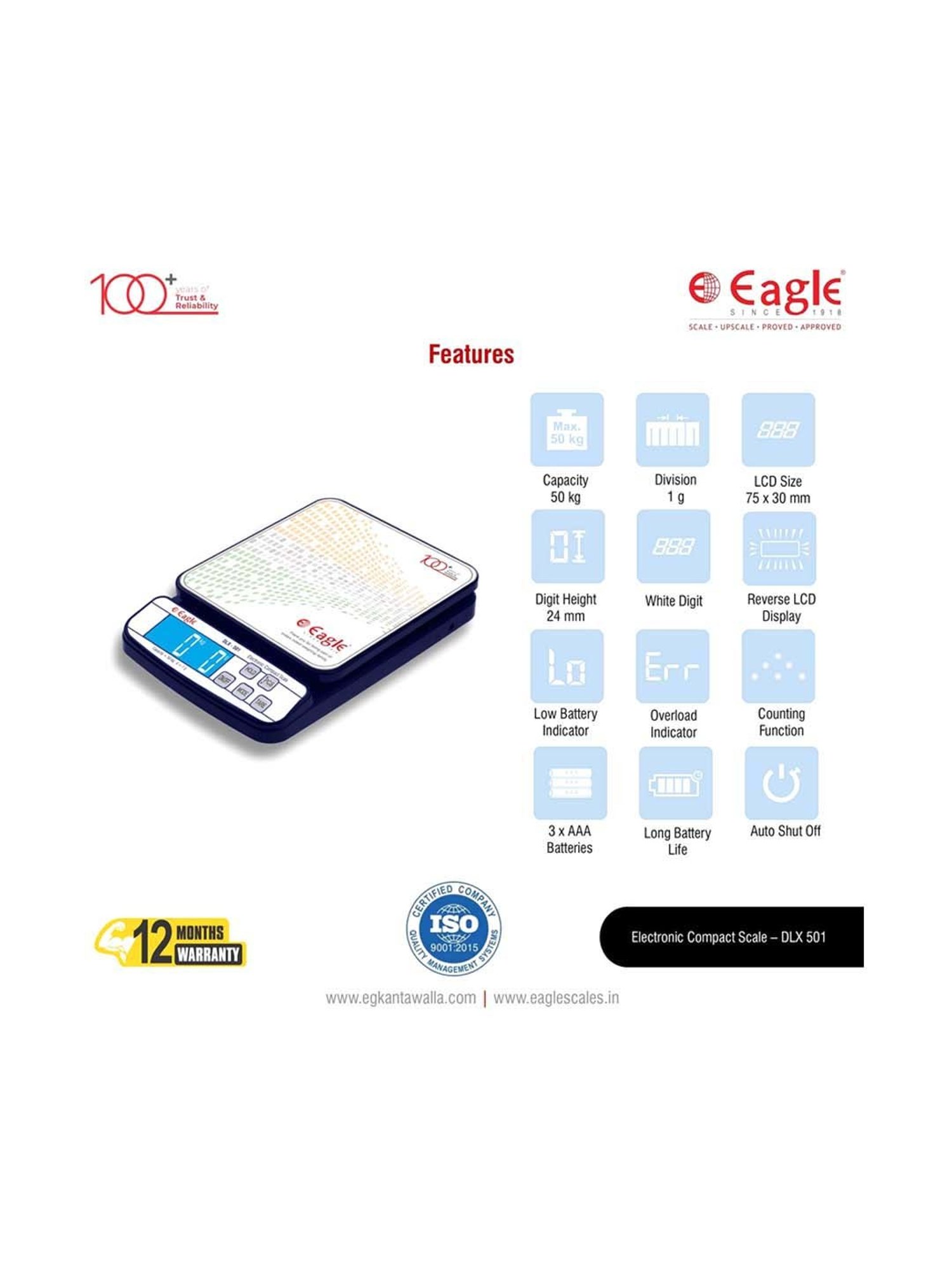 Eagle DLX-501 Digital Weight Machine for kitchen 50 kg Capacity,1 g Accuracy, Kitchen Weighing Scale