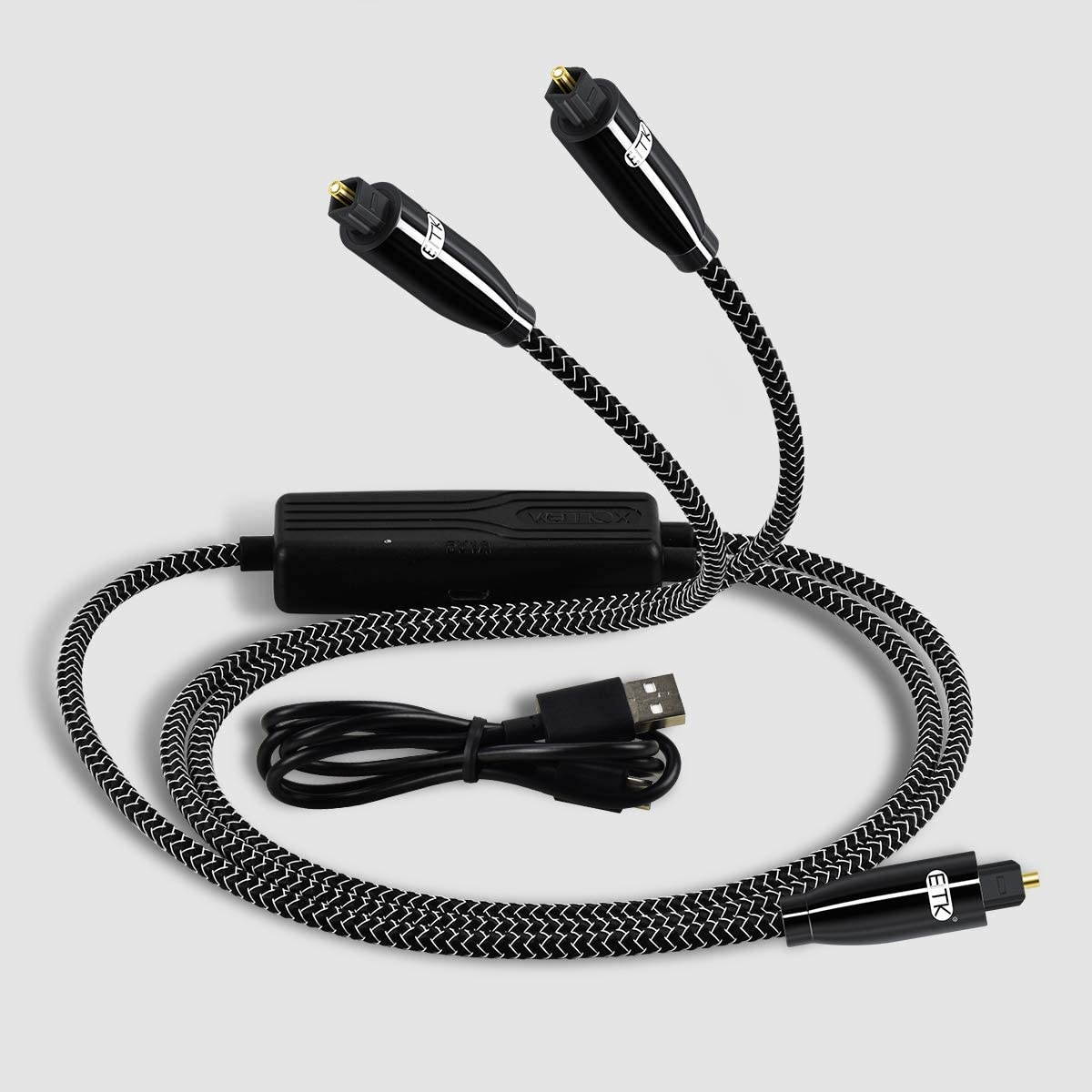 Toslink Optical Splitter Cable Fiber Optic Digital Cable Supports 1 Input to 2 outputs Nylon Braided Upgrade Style No Loss Signal Fast Transmission 1 is Equal to 2 Optical Splitter Cable (3ft&5ft)