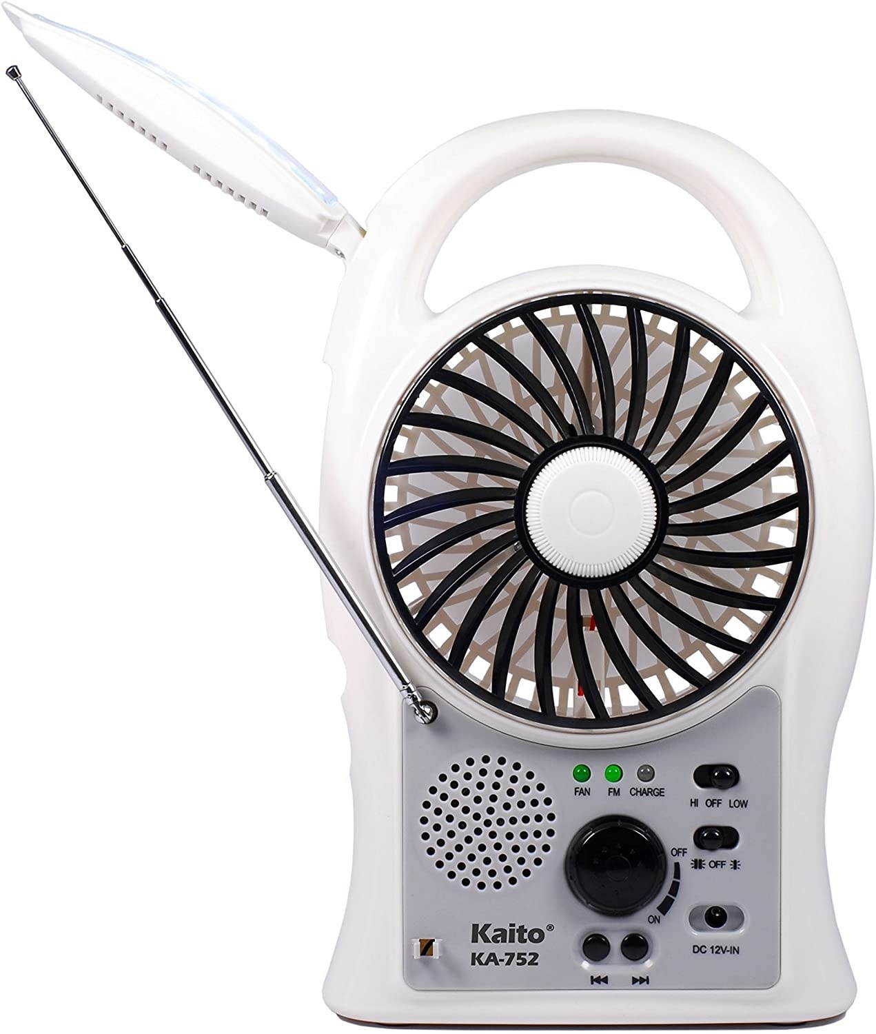 Kaito Portable Electric Fan 3-in-1 KA752 Rechargeable 5" 2-Speed Battery-Powered Personal Fan with Scan FM Radio & 24-LED Camping Lantern