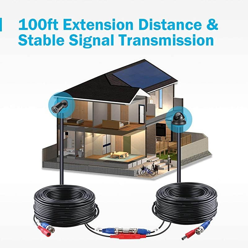 4 Pack 30M100ft AllinOne Video Power Cables BNC Extension Surveillance Camera Cables for CCTV Security DVR System Installation Free BNC RCA Connector and 100pcs Cable Clips Included Black