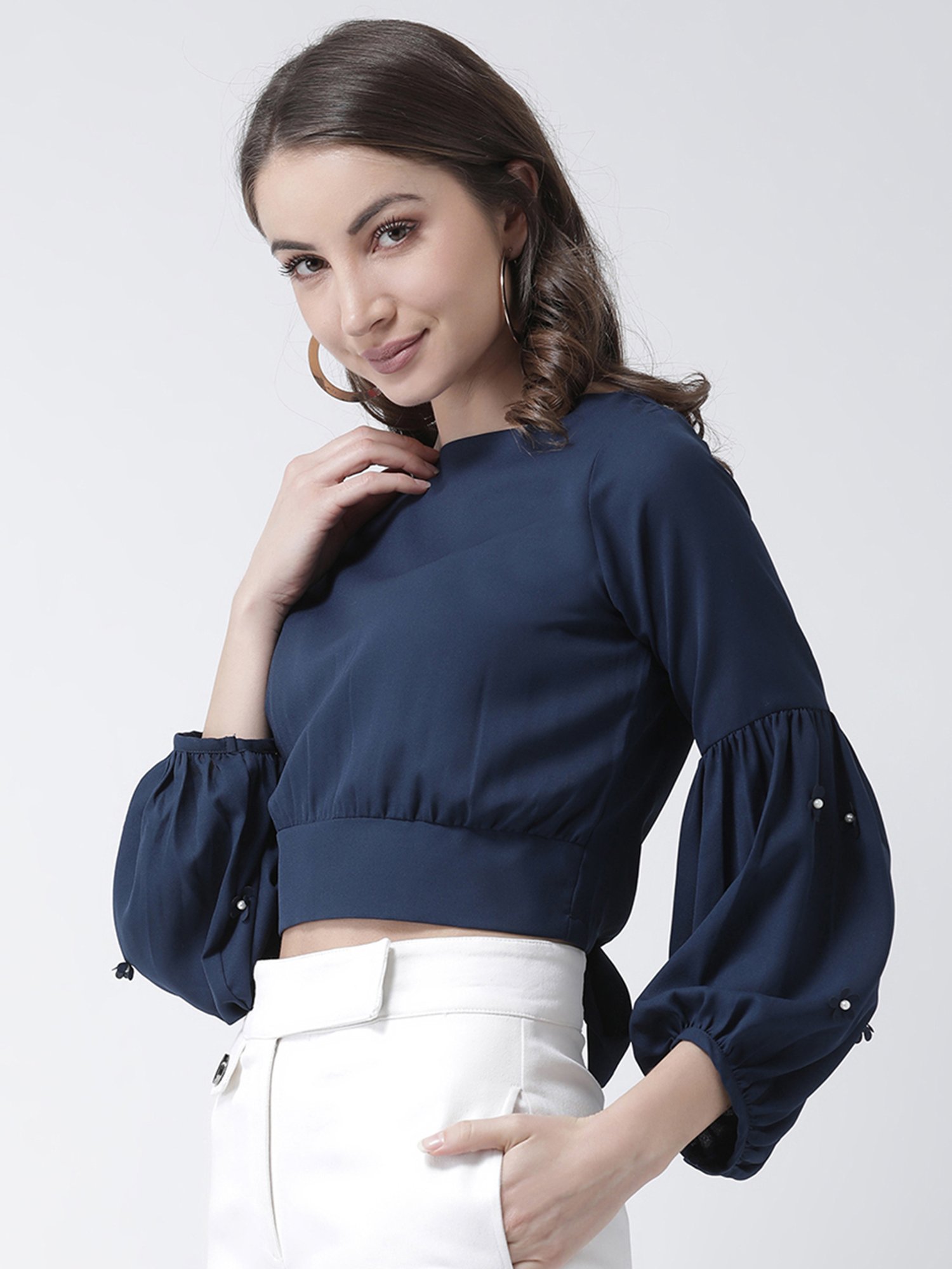 KASSUALLY Navy Embellished Crop Top