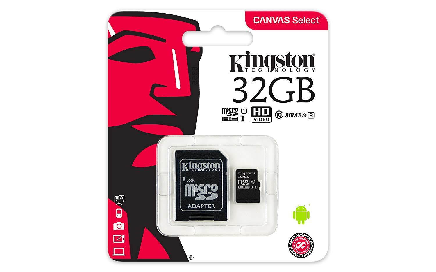 Kingston Canvas Select 32GB microSDHC Class 10 microSD Memory Card UHS-I 80MB/s R Flash Memory Card with Adapter (SDCS/32GB)