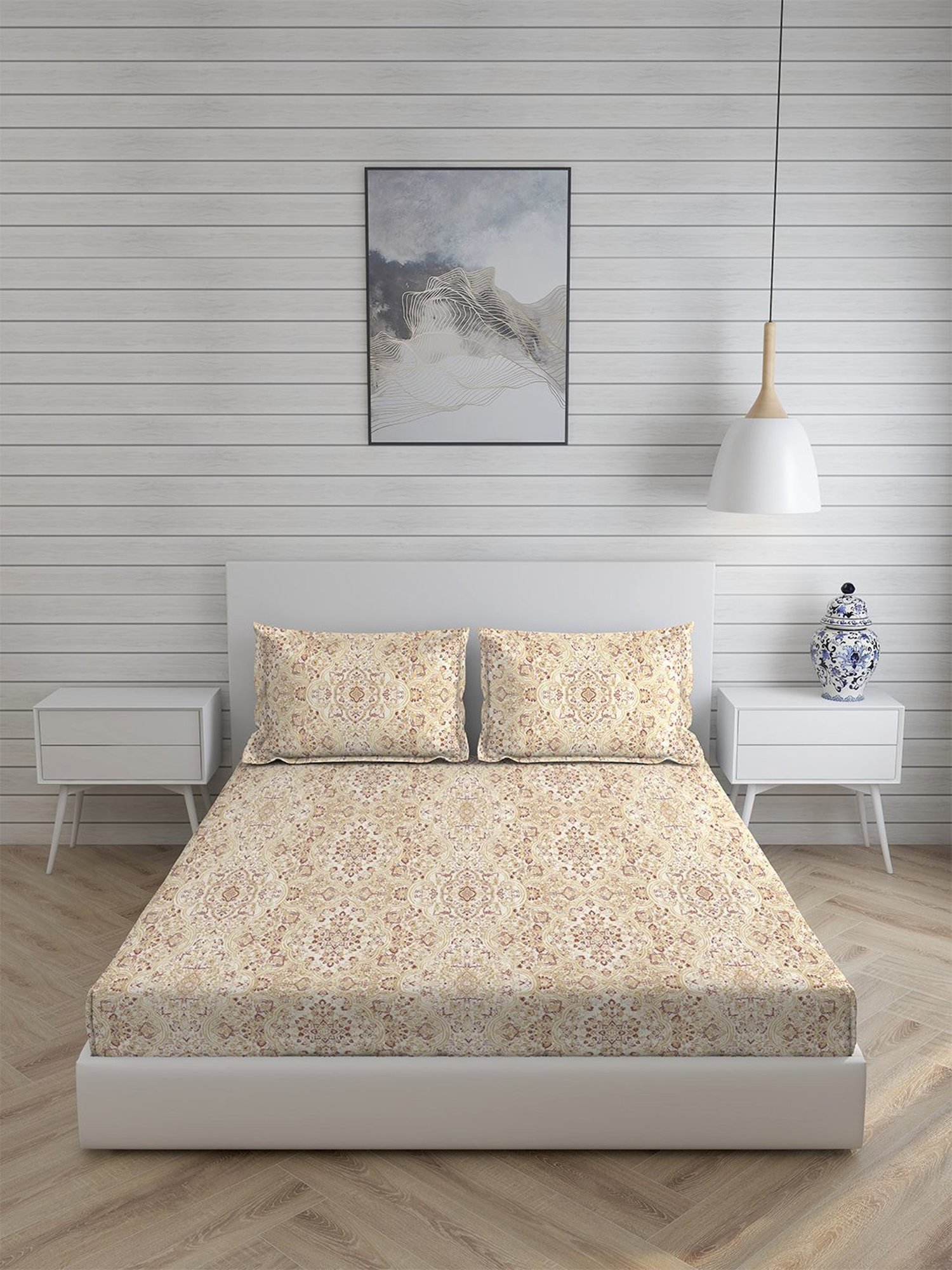 Boutique Living Printed Multicolor 300 TC Cotton King Bed Sheet with 2 Pillow Covers