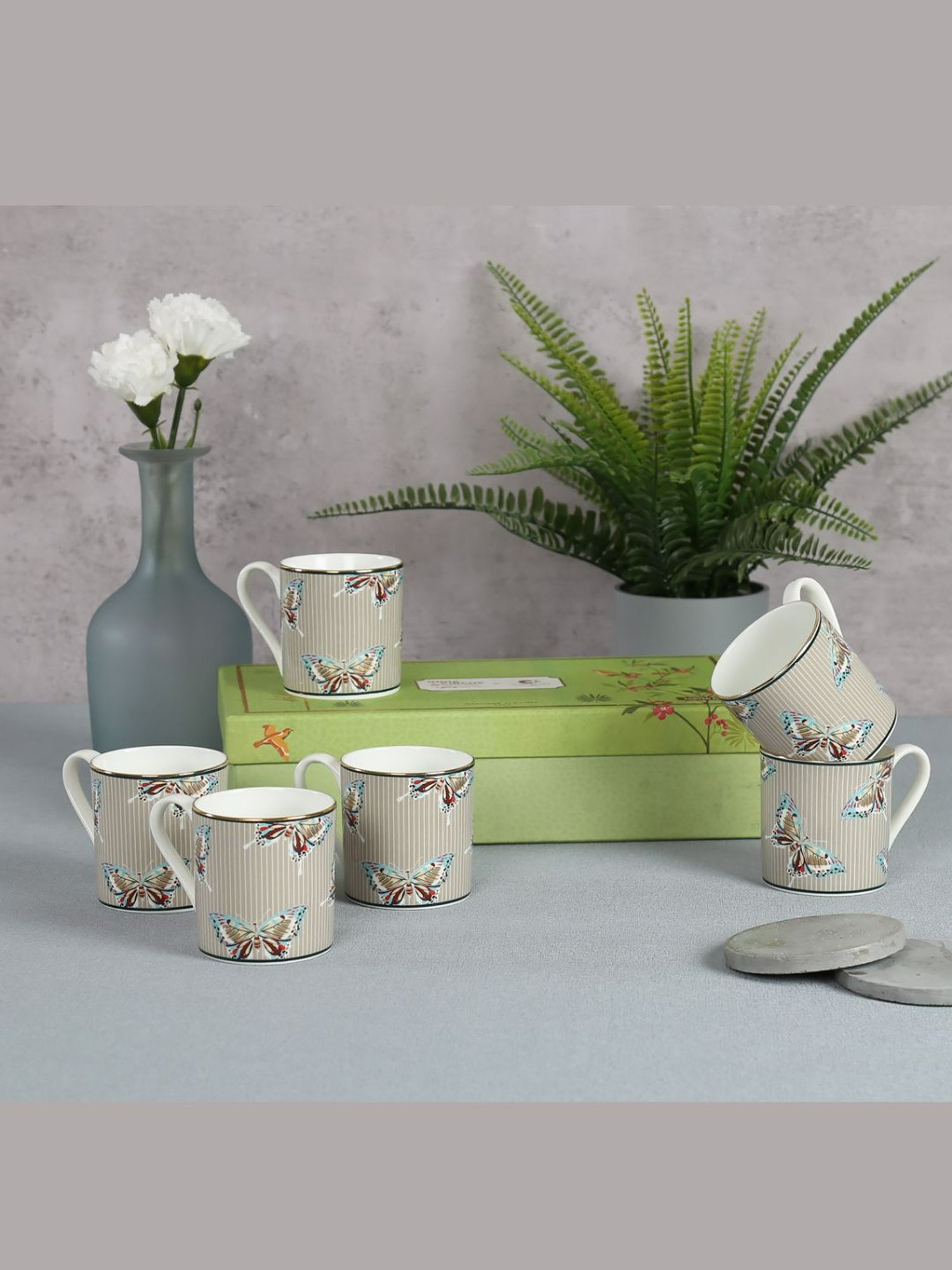 India Circus Abstract White Bone China Coffee Mug Set of 6, 220 ml With Accented and 22 Carat Gold