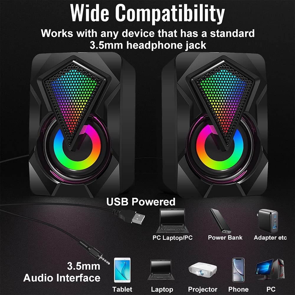 Computer Speakers,Wired 2.0 USB Powered PC Speakers Stereo Mini Multimedia Volume Control,Gaming RGB Lights 3.5mm Jack Speakers for PC Desktop Laptop Monitor