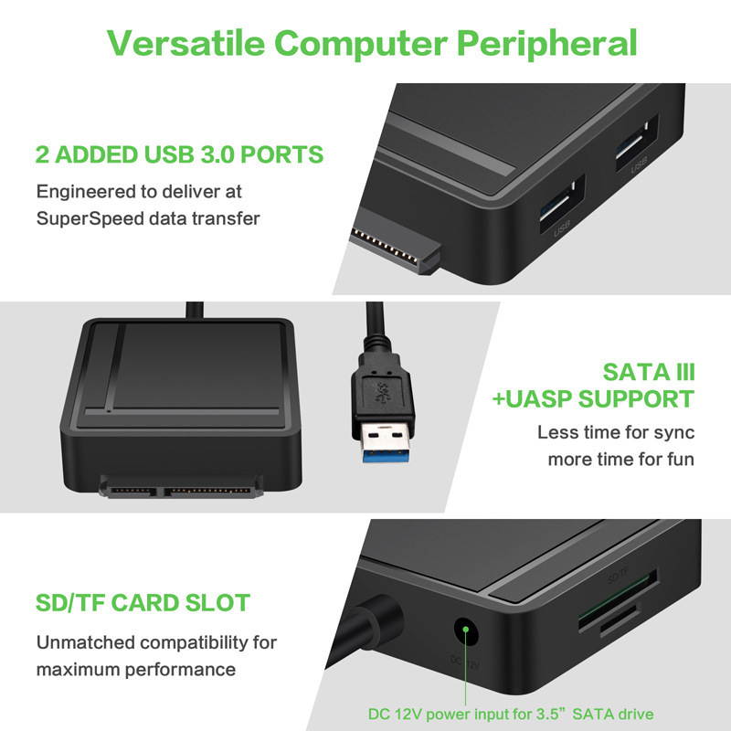 STANSTAR USB 3.0 to SATA Adapter TF SD Card Reader USB 3.0 Hub 2 Ports Converter 3 IN 1 for 2.5&rdquo; 3.5&rdquo; HDD Hard Drive