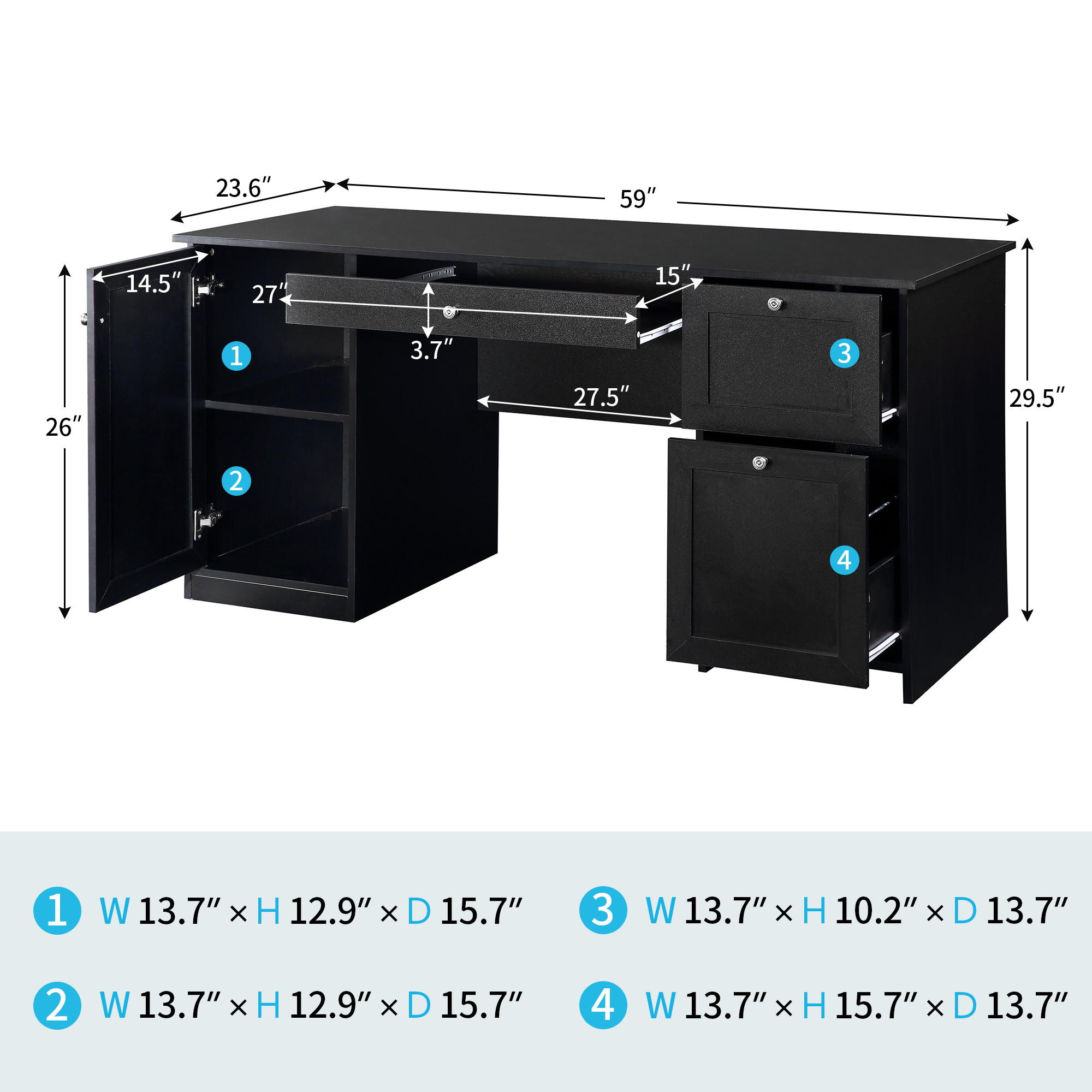 Home Office Computer Desk Gaming Desk Executive Desk with 2 Drawers,Pullout Keyboard and Storage Cabinet