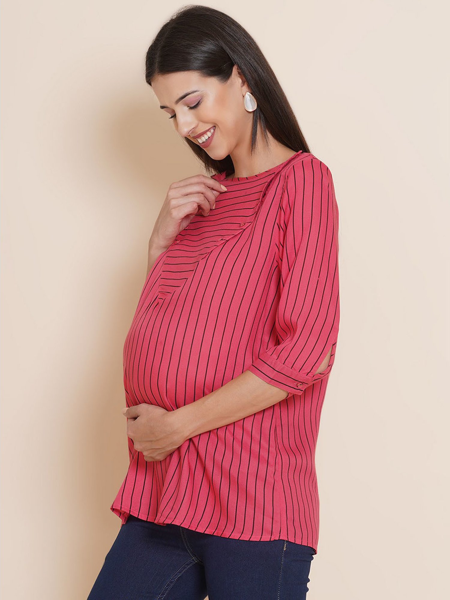 Mine4Nine Pink Striped Maternity Top