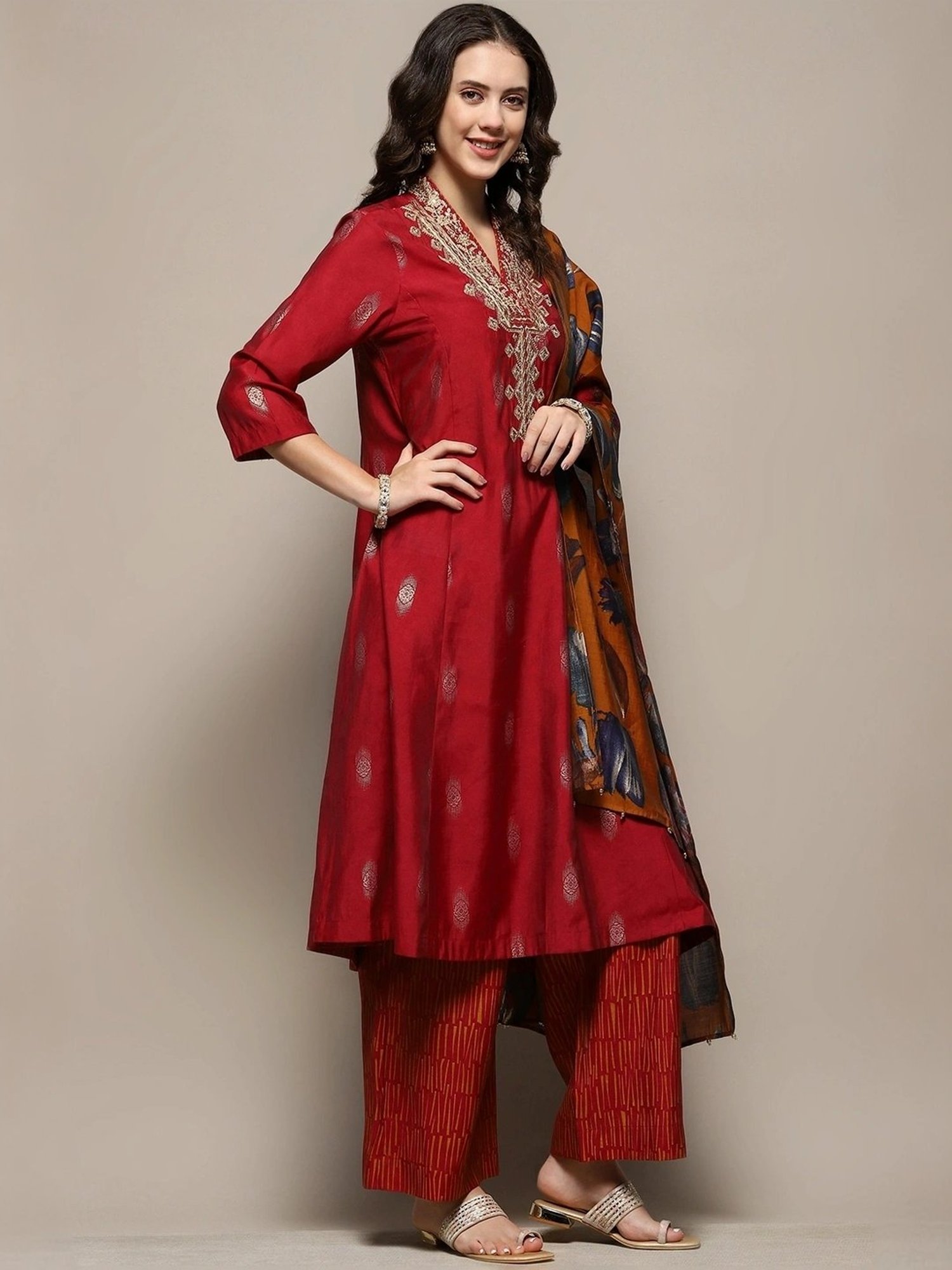 Biba Maroon Embroidered Kurta & Palazzo Set With Dupatta