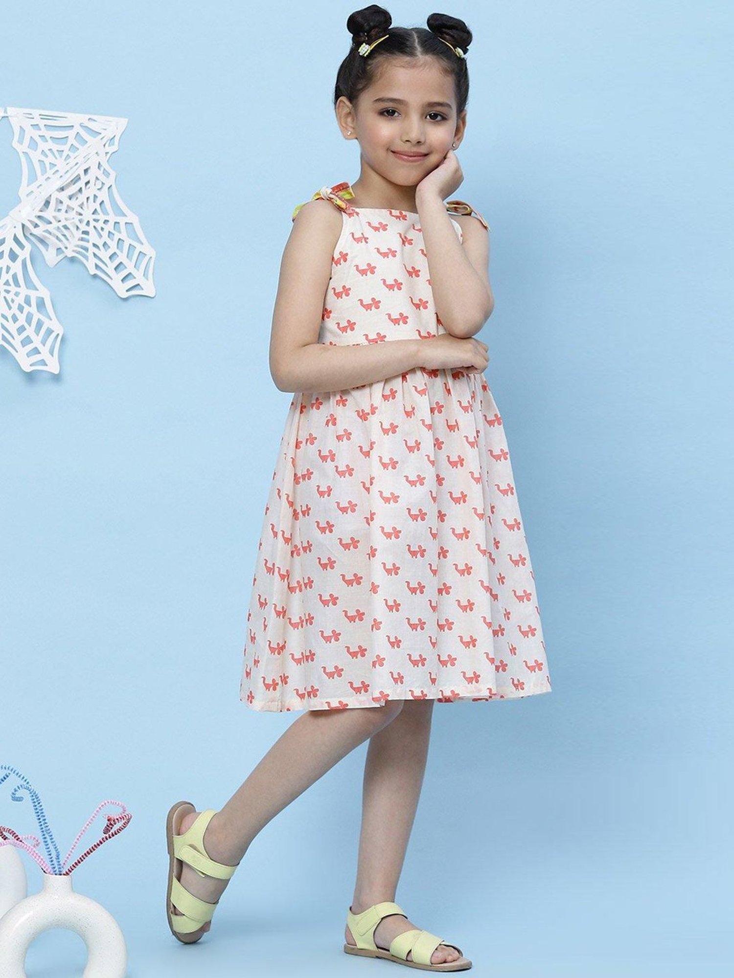 BIBA Girls Off White Cotton Printed Dress